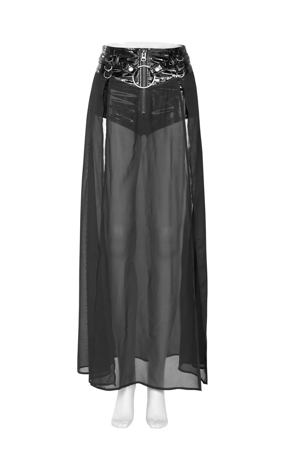 Chiffon Overlaid Punk Half Skirt With Adjustable Belt