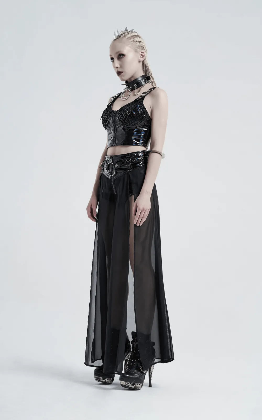 Chiffon Overlaid Punk Half Skirt With Adjustable Belt