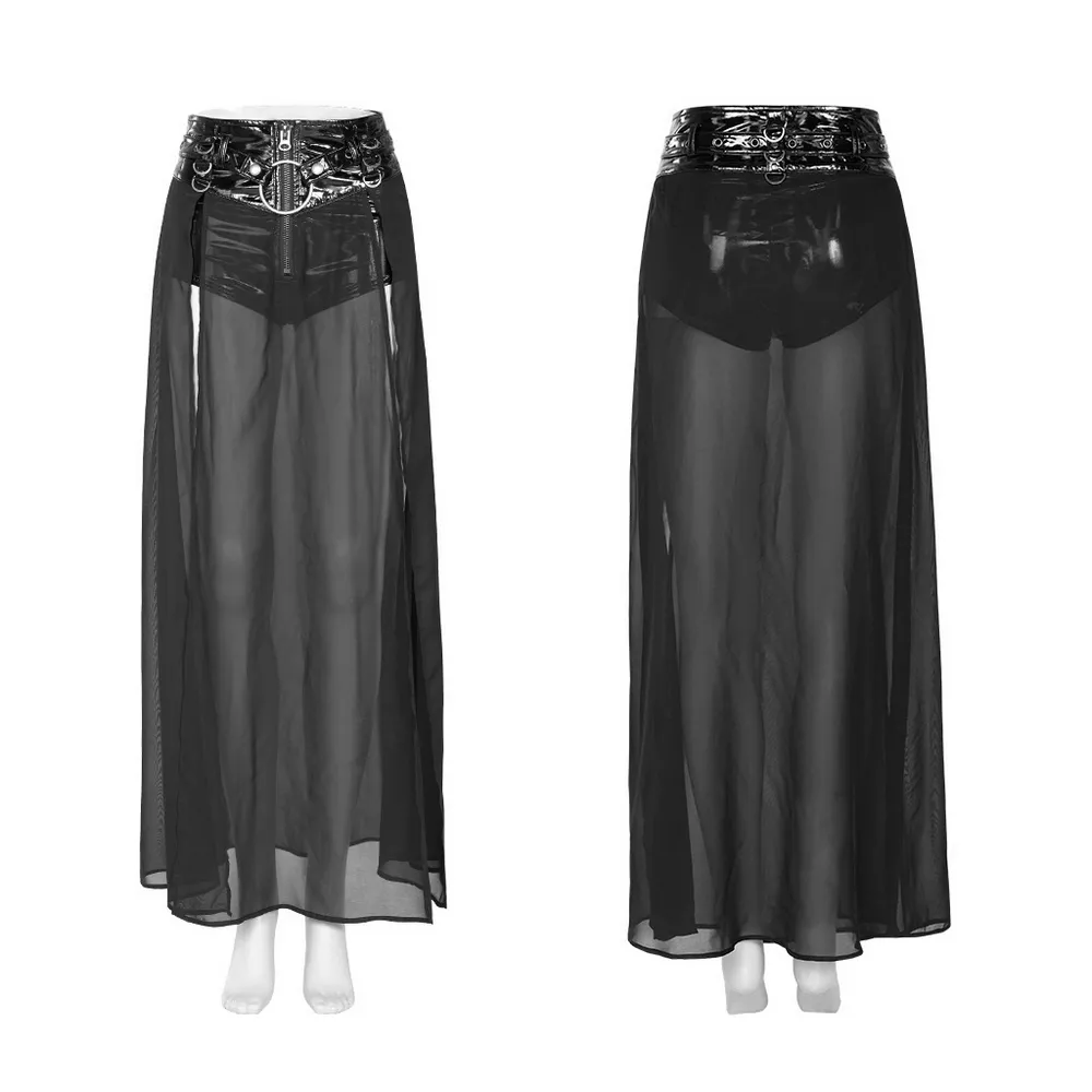 Chiffon Overlaid Punk Half Skirt With Adjustable Belt