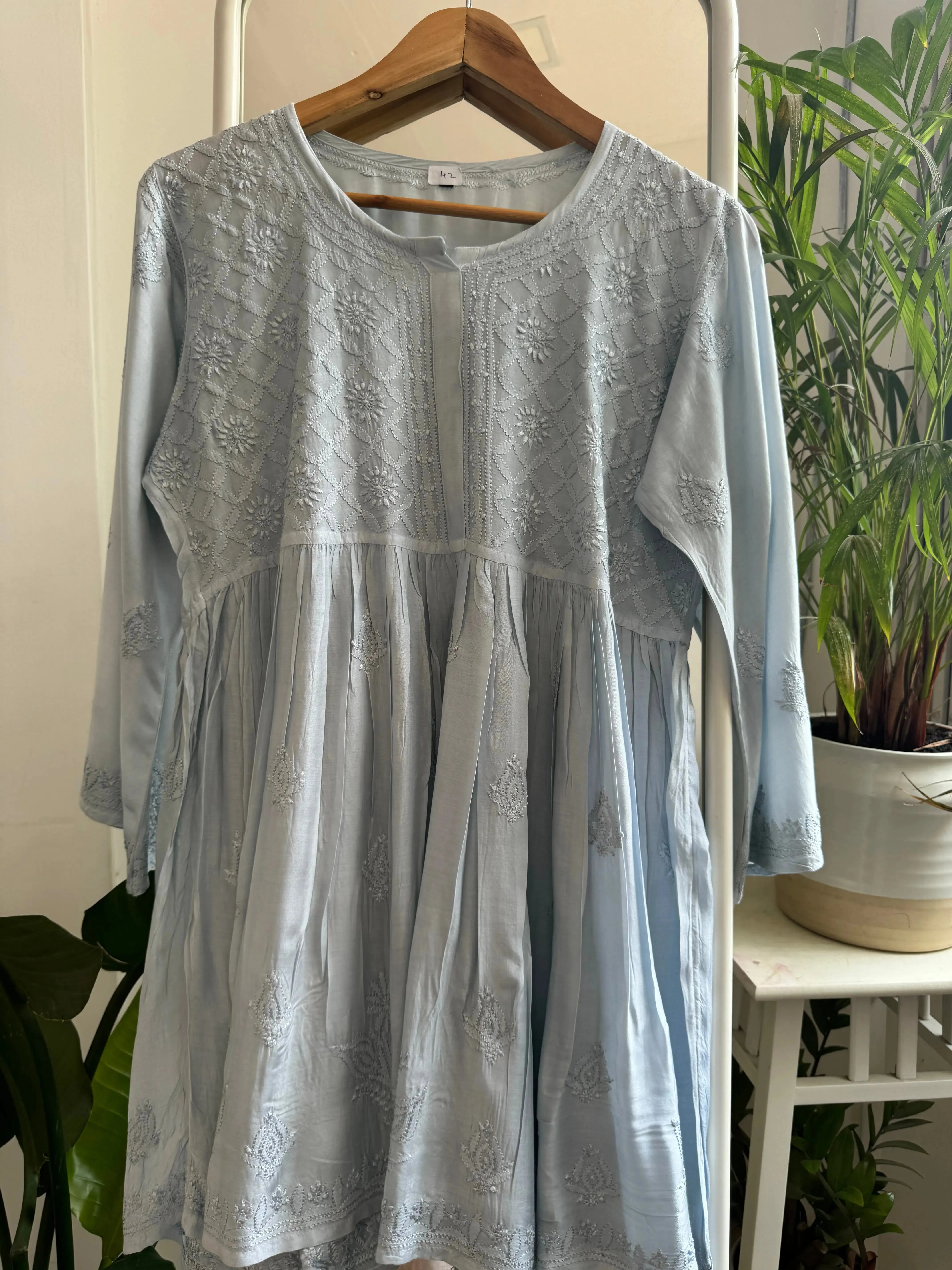 Chikankari Muslin Peplum short Top in Grey