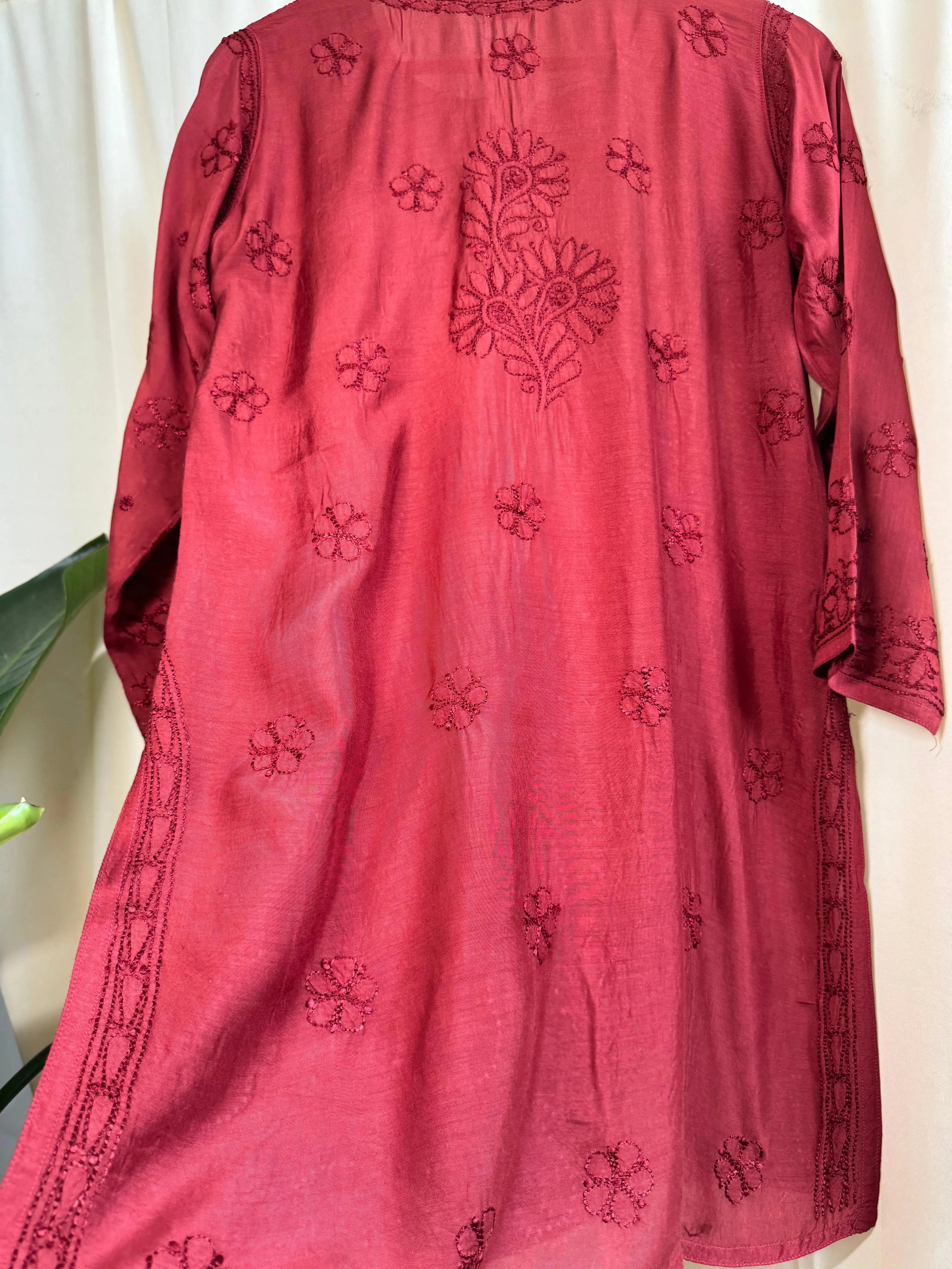 Chikankari Muslin short Top in Maroon