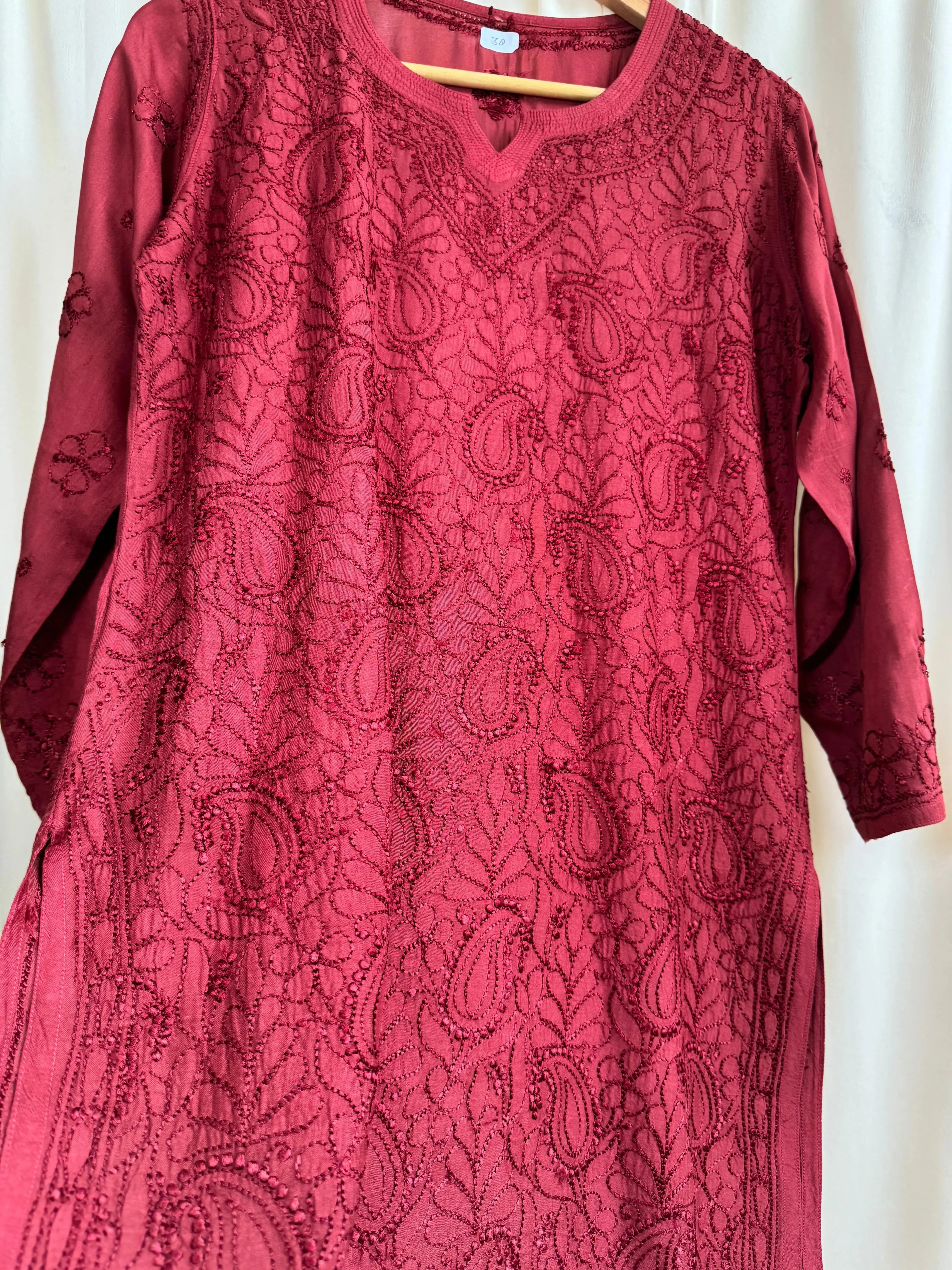 Chikankari Muslin short Top in Maroon