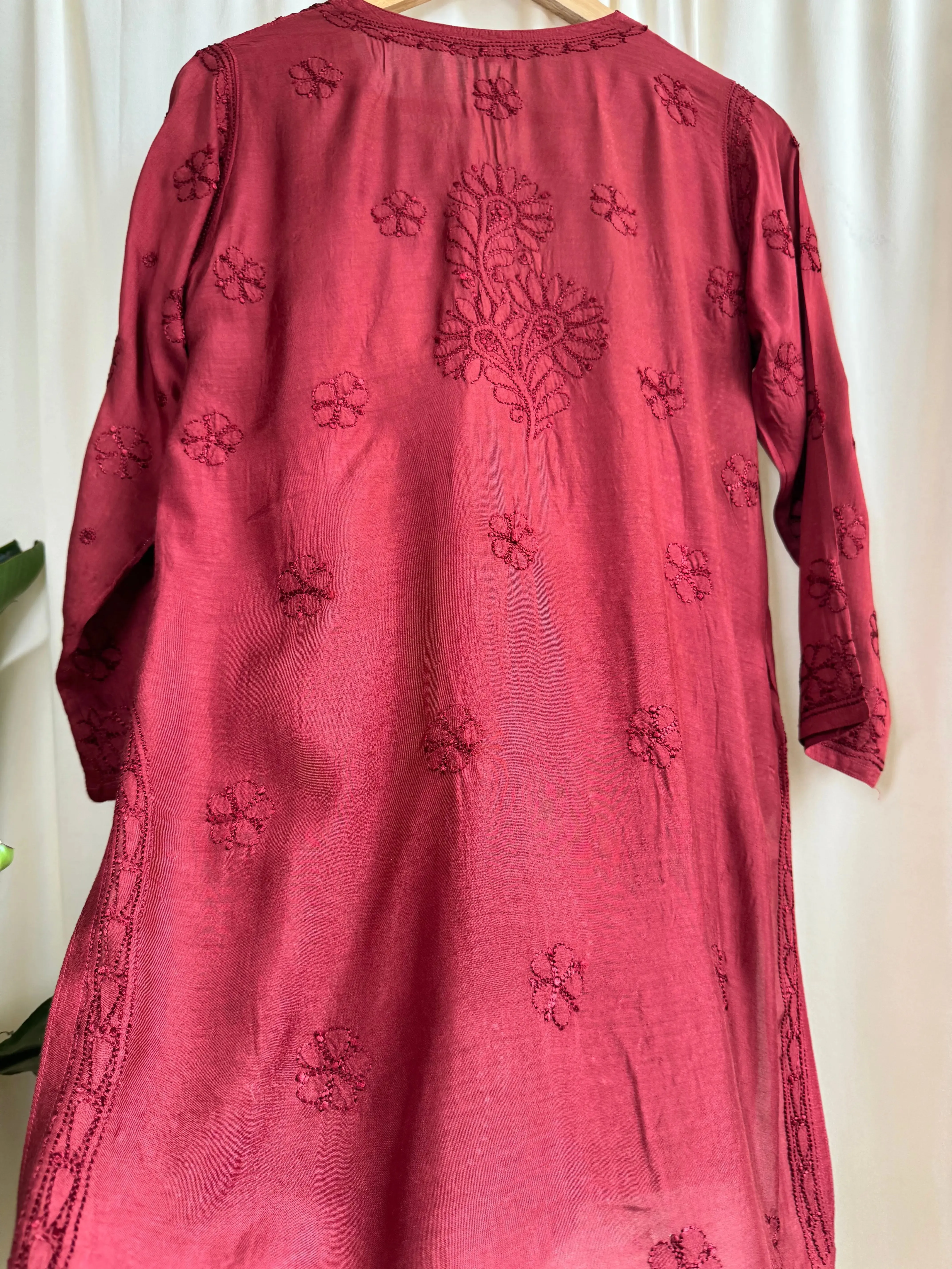 Chikankari Muslin short Top in Maroon