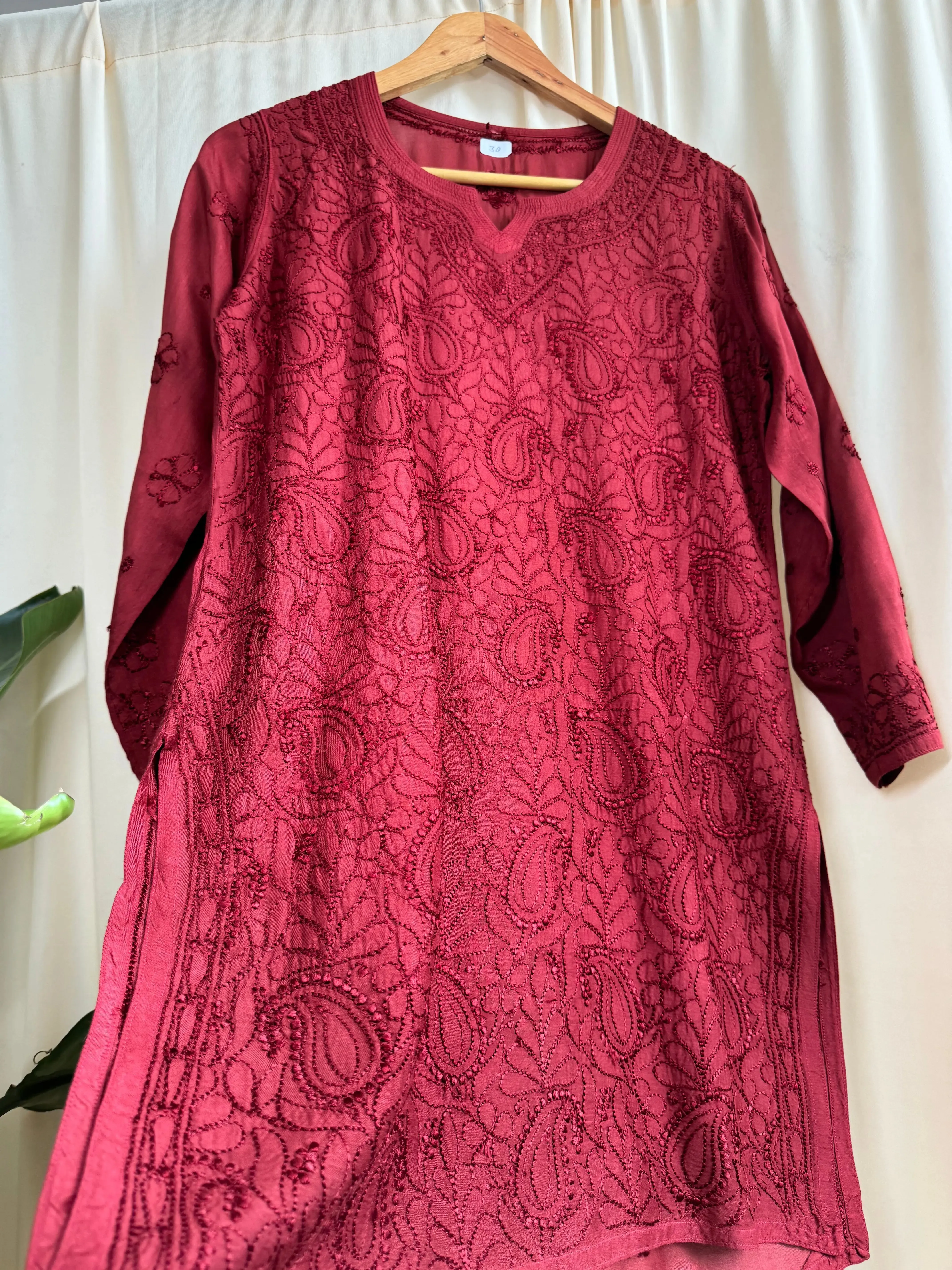 Chikankari Muslin short Top in Maroon