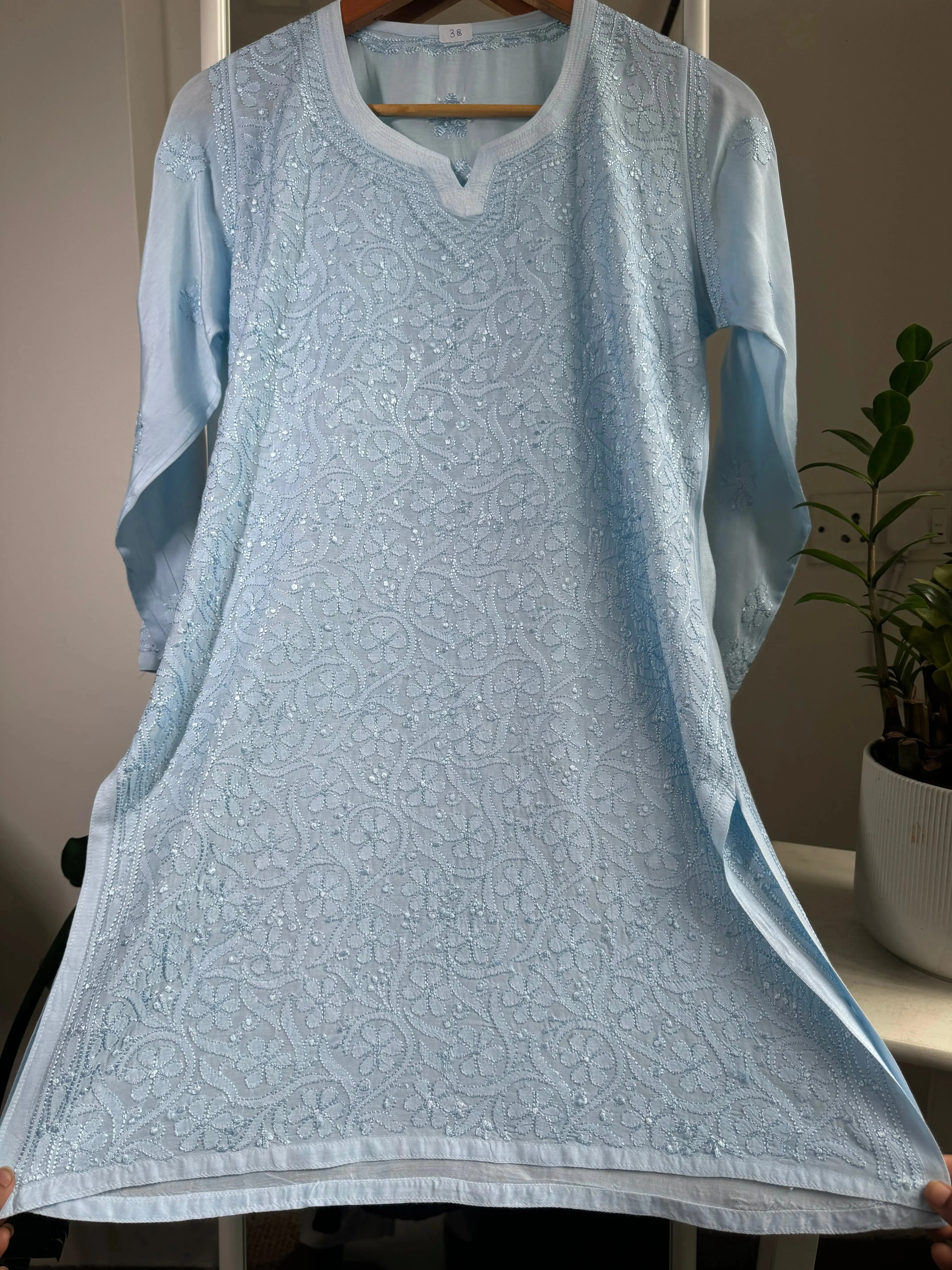 Chikankari Muslin short Top in sky Blue