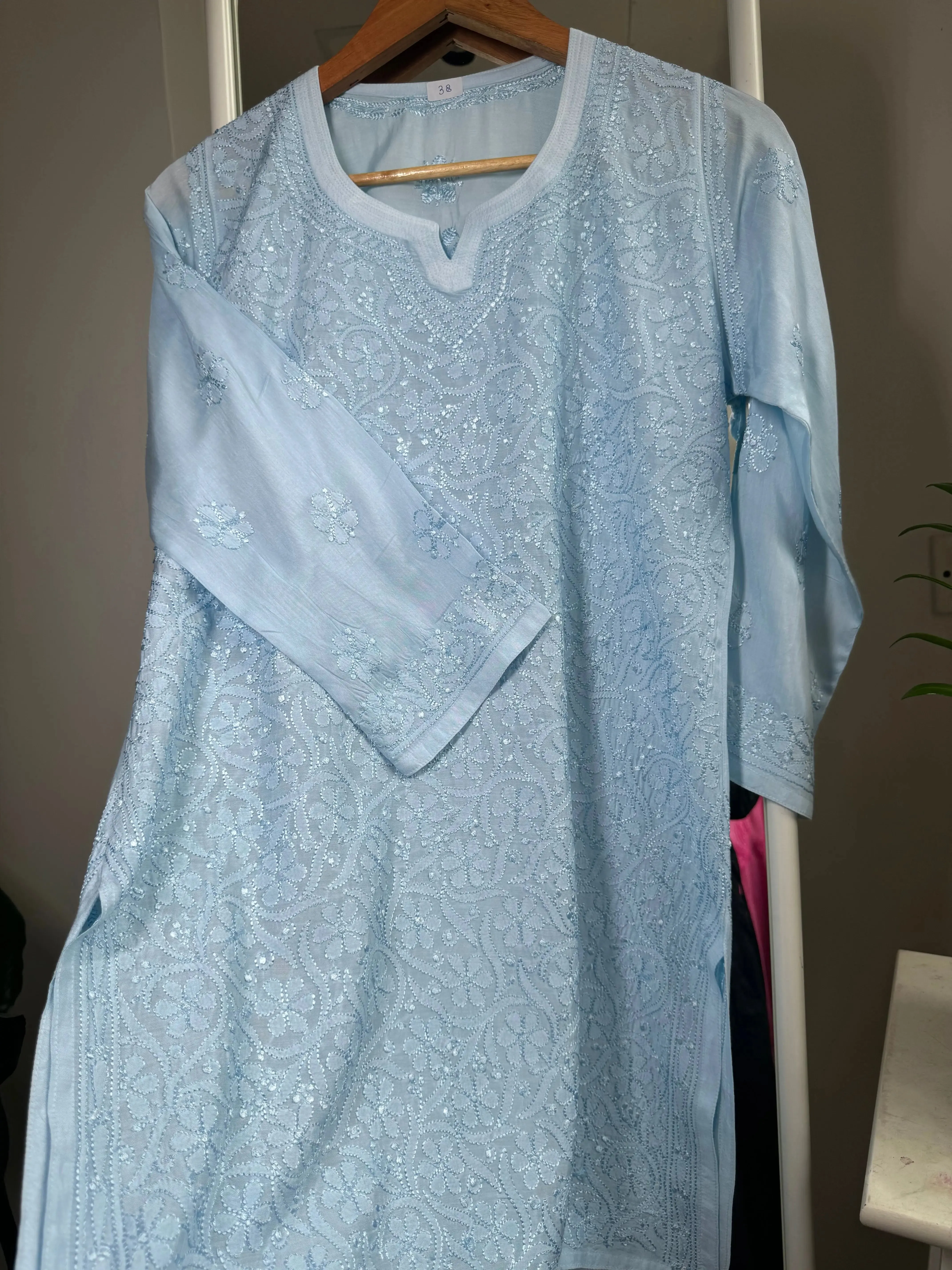 Chikankari Muslin short Top in sky Blue