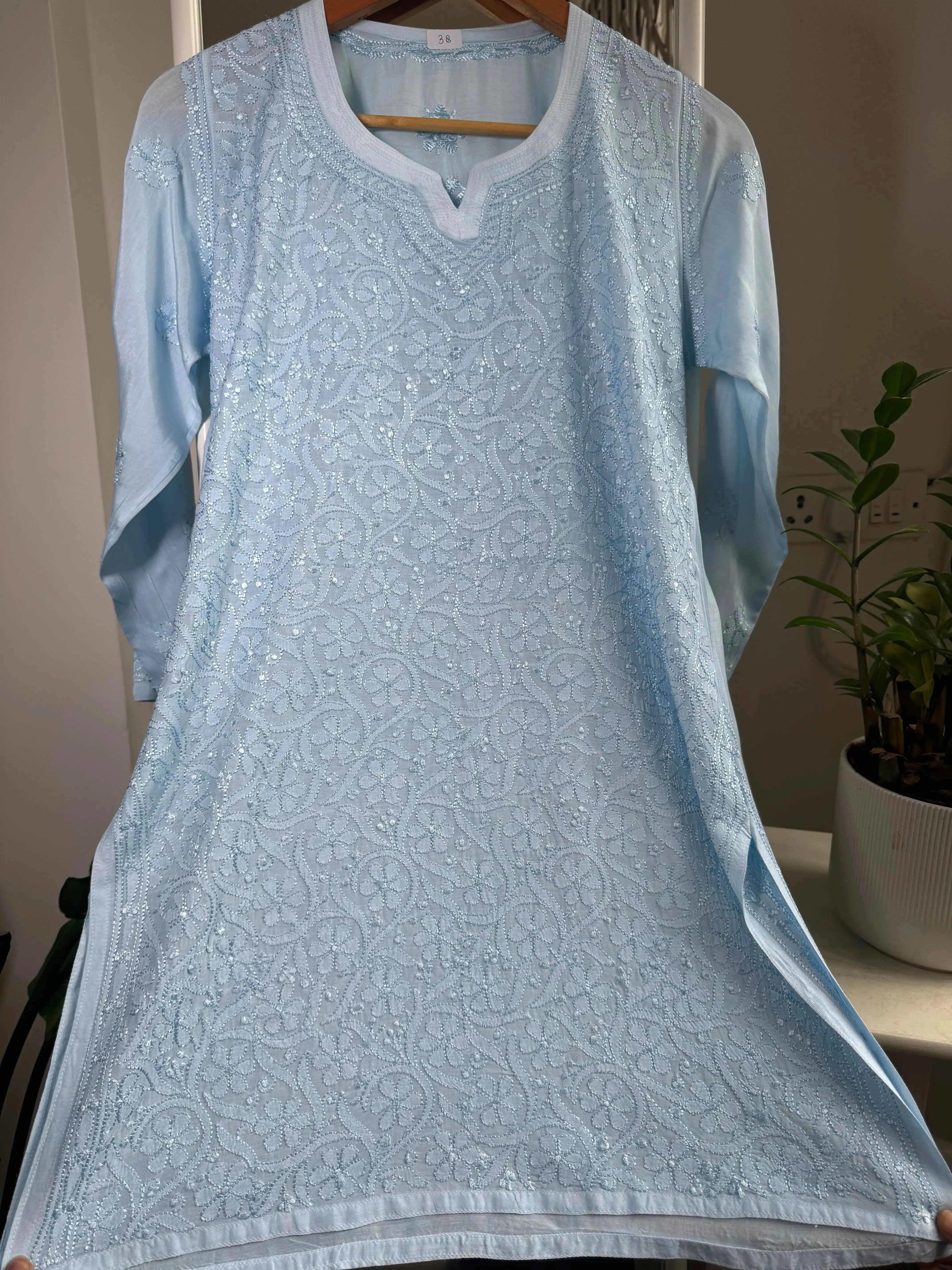 Chikankari Muslin short Top in sky Blue