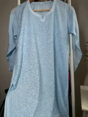 Chikankari Muslin short Top in sky Blue