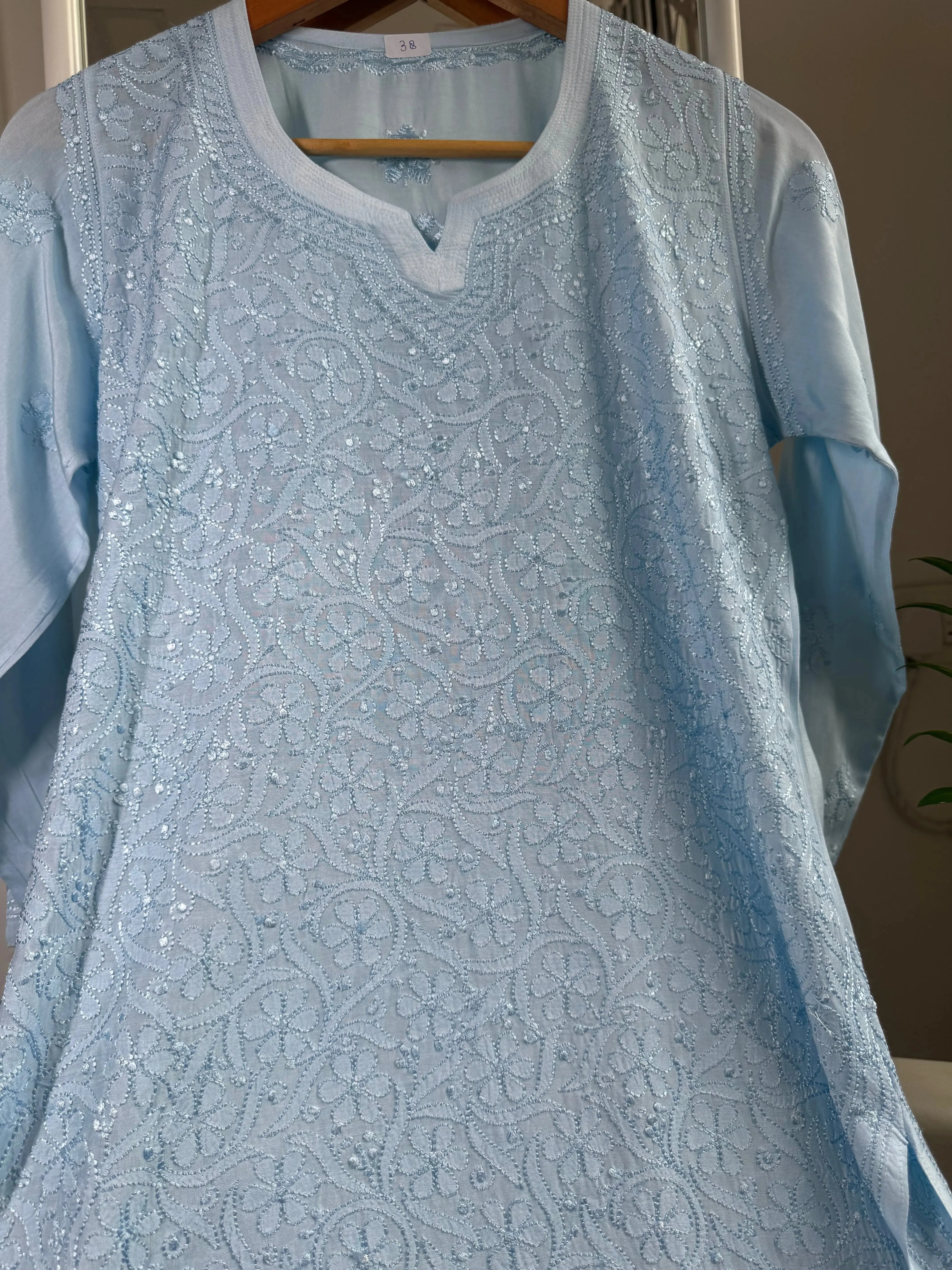 Chikankari Muslin short Top in sky Blue