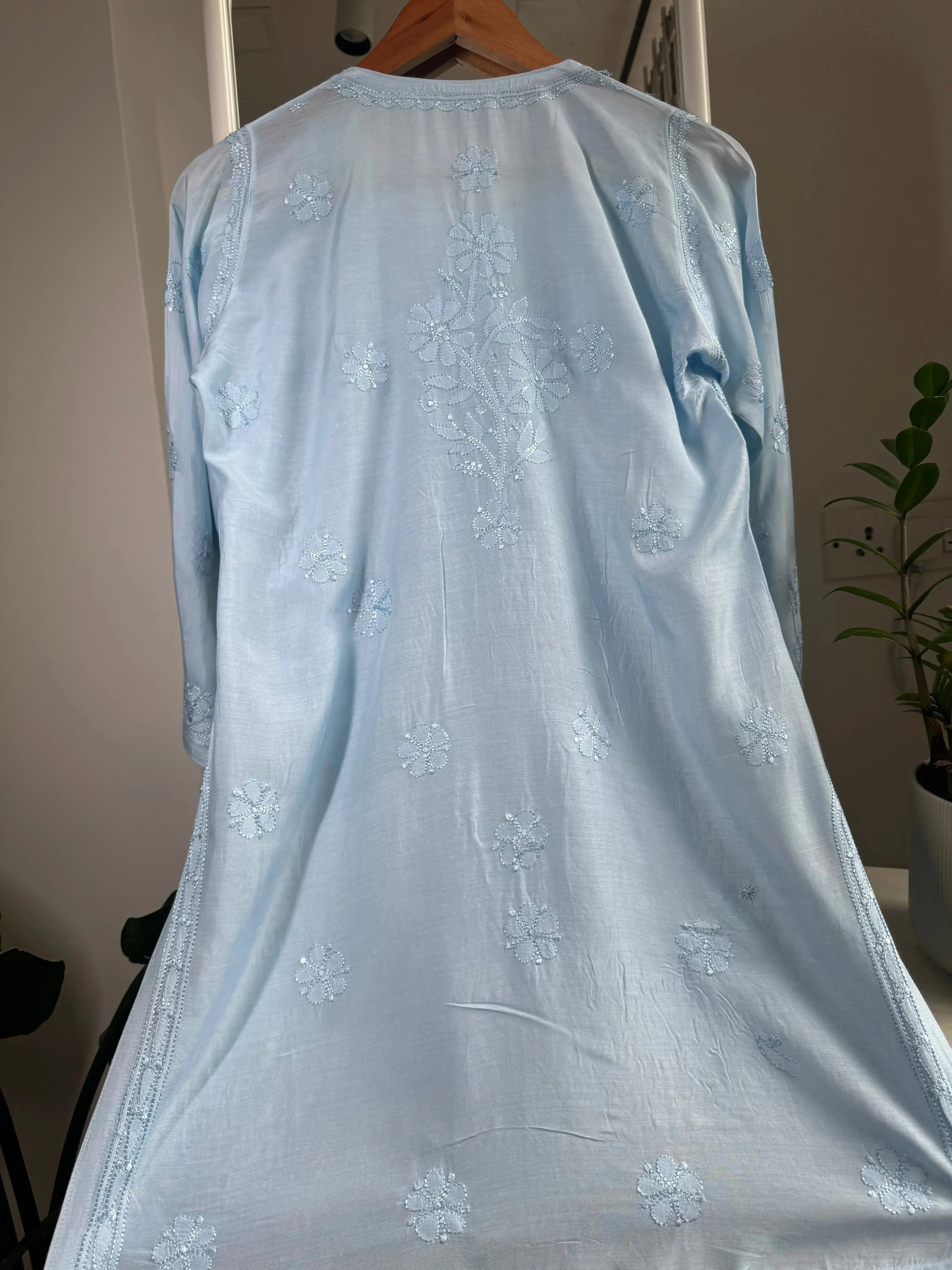 Chikankari Muslin short Top in sky Blue