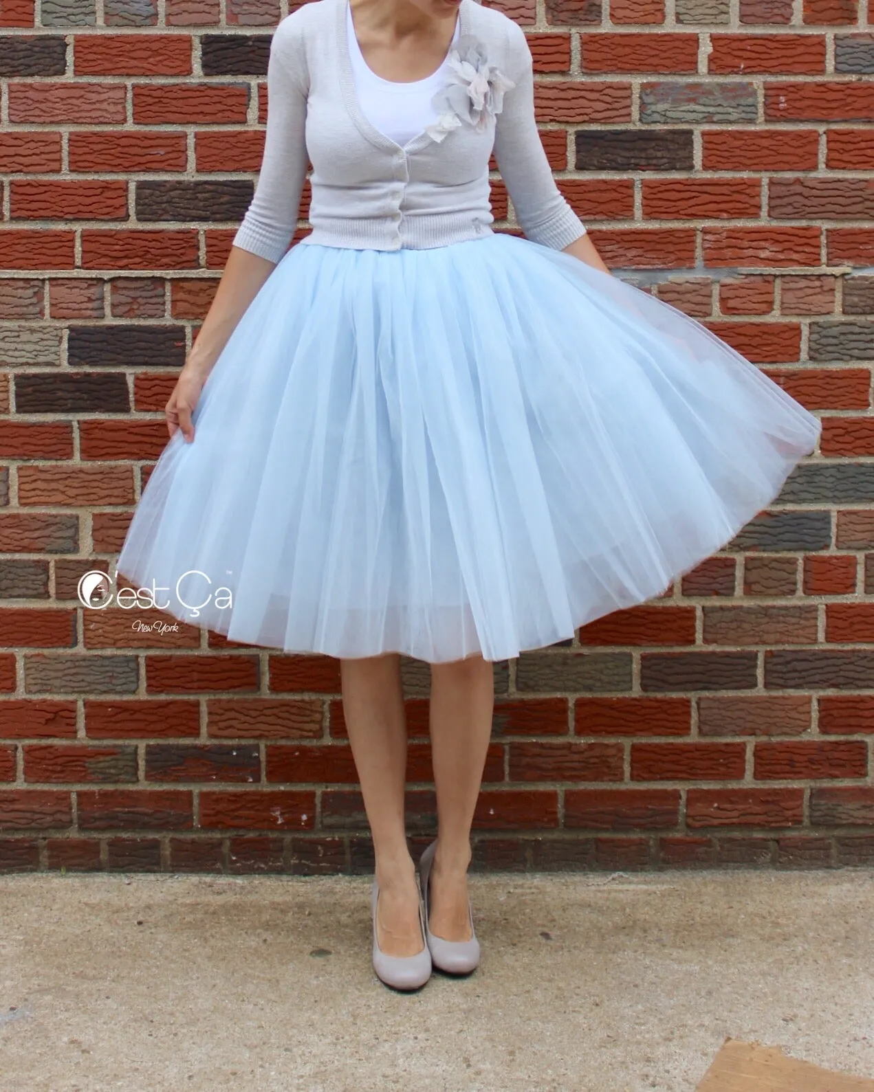 Clarisa Blue Gray Tulle Skirt - Midi