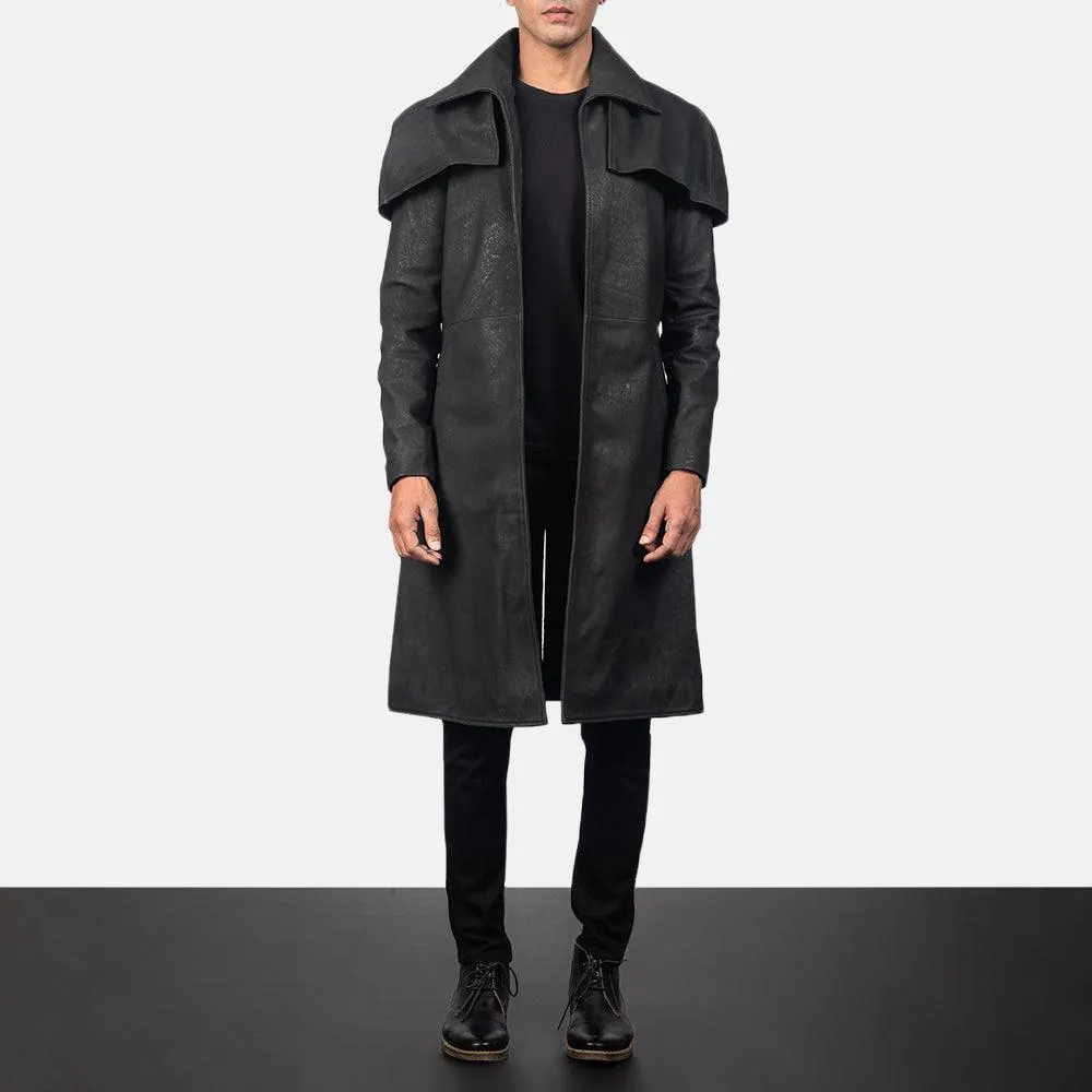 Classic Black Sheepskin Leather Duster Coat For Men