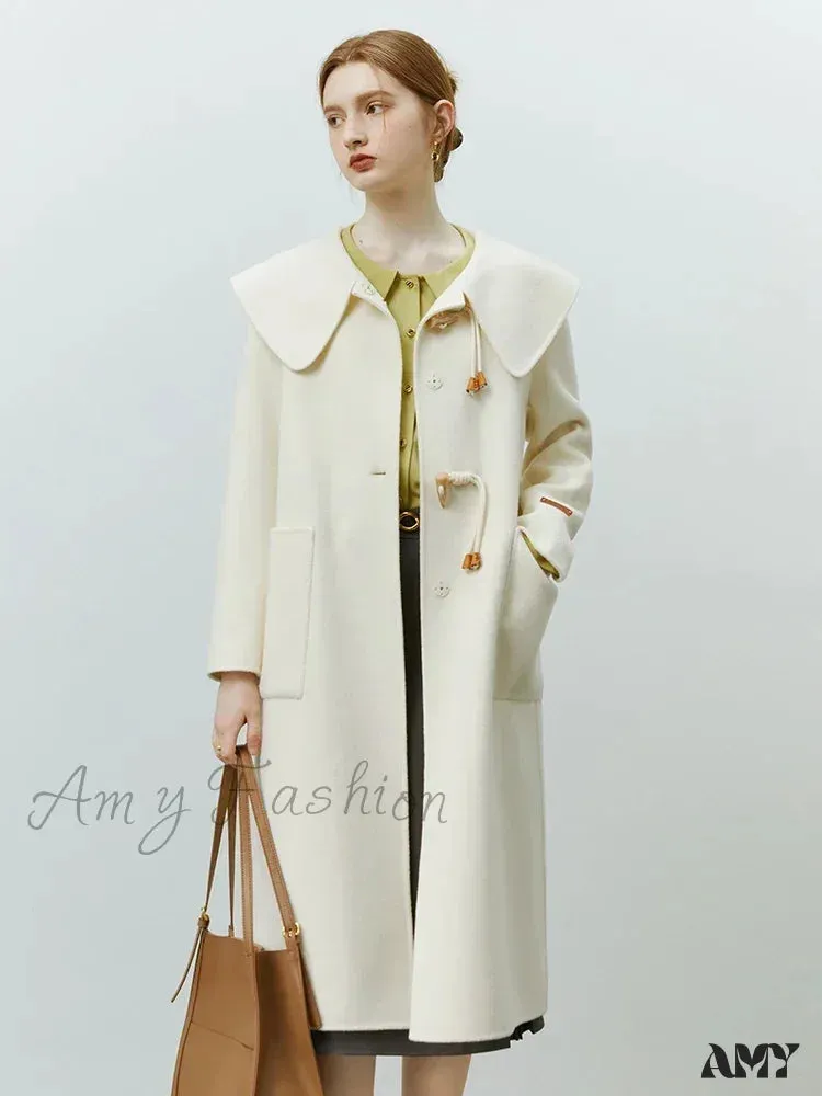 College Style Horn Button Vintage Large Collar Double-sided Long Pure Woolen Coat