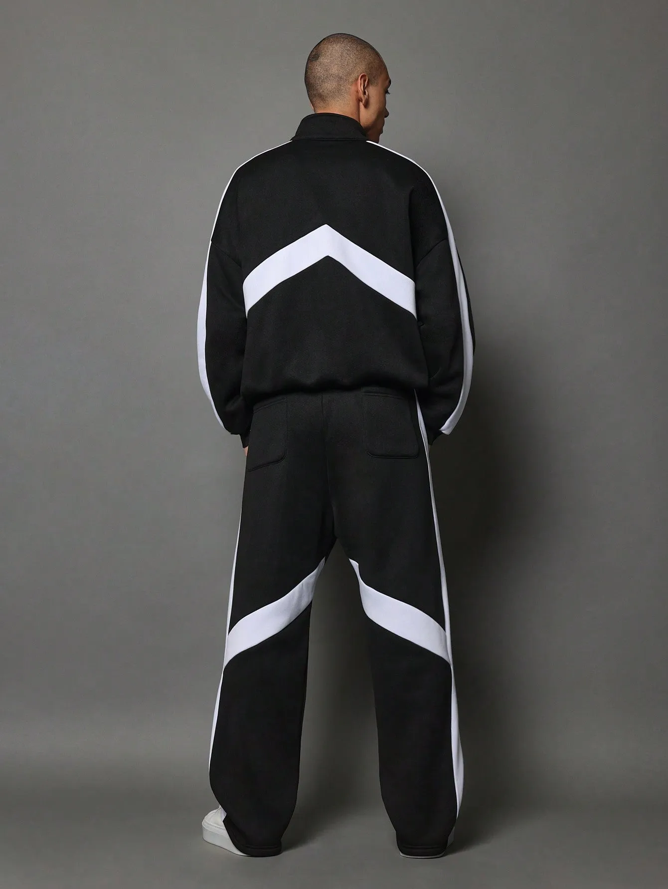 Colour Block Oversized Half Zip Funnel Neck Sweatshirt Wide Fit Drop Crotch Sweatpants 2 Piece Set