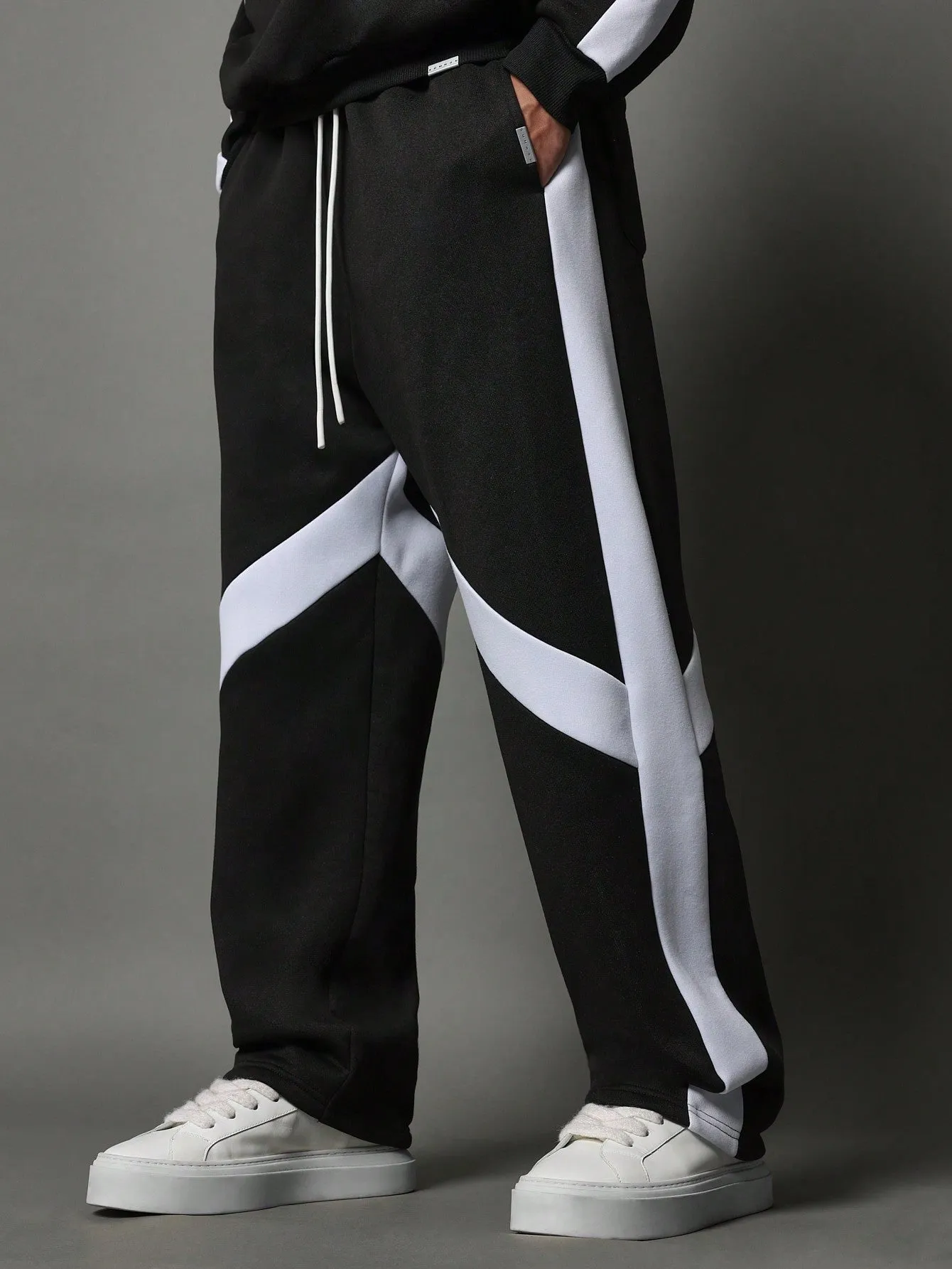 Colour Block Oversized Half Zip Funnel Neck Sweatshirt Wide Fit Drop Crotch Sweatpants 2 Piece Set