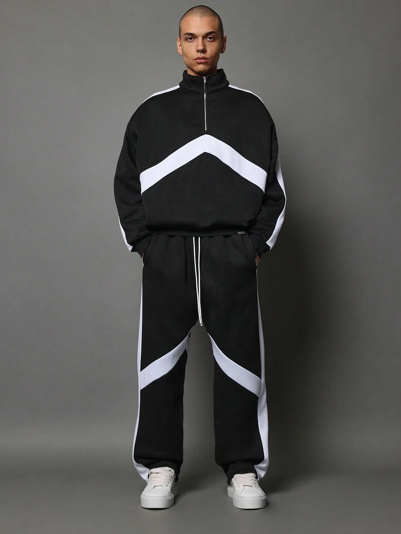 Colour Block Oversized Half Zip Funnel Neck Sweatshirt Wide Fit Drop Crotch Sweatpants 2 Piece Set