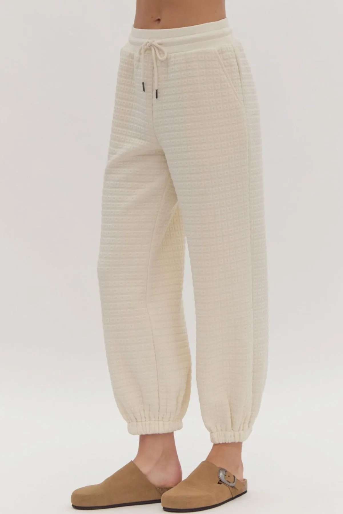 Cream Textured High Waisted Joggers