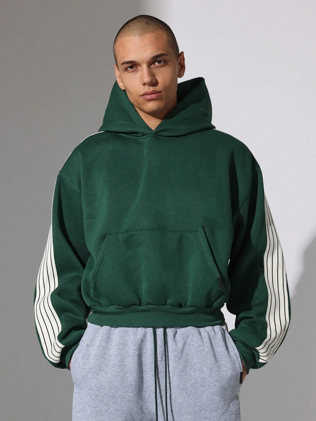 Crop Fit Overhead Hoodie And Straight Fit Drop Crotch Sweatpants With Side Stripe Tape 2 Piece Set