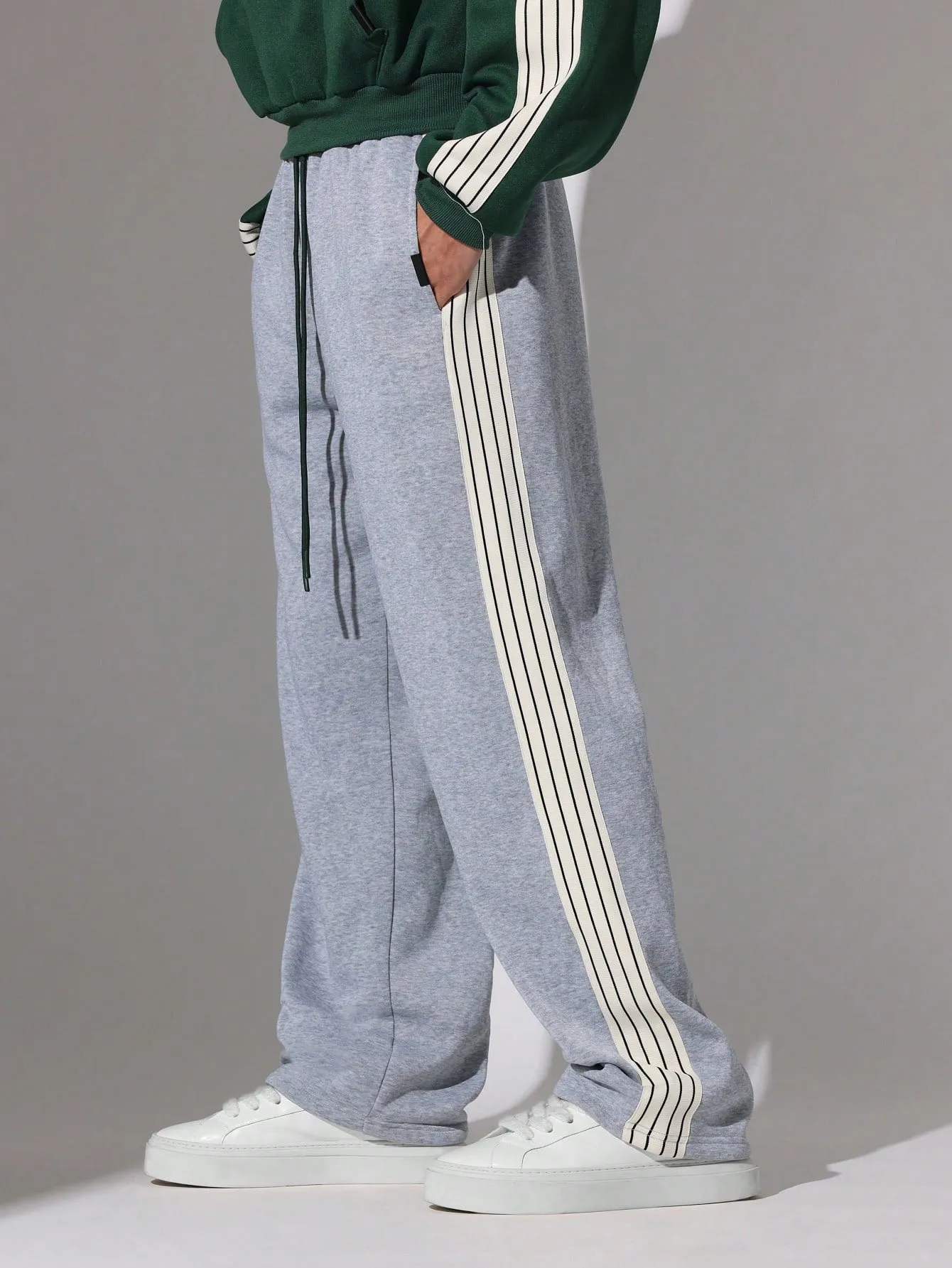 Crop Fit Overhead Hoodie And Straight Fit Drop Crotch Sweatpants With Side Stripe Tape 2 Piece Set