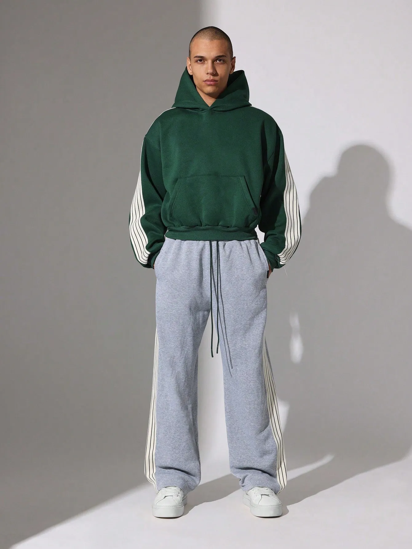 Crop Fit Overhead Hoodie And Straight Fit Drop Crotch Sweatpants With Side Stripe Tape 2 Piece Set