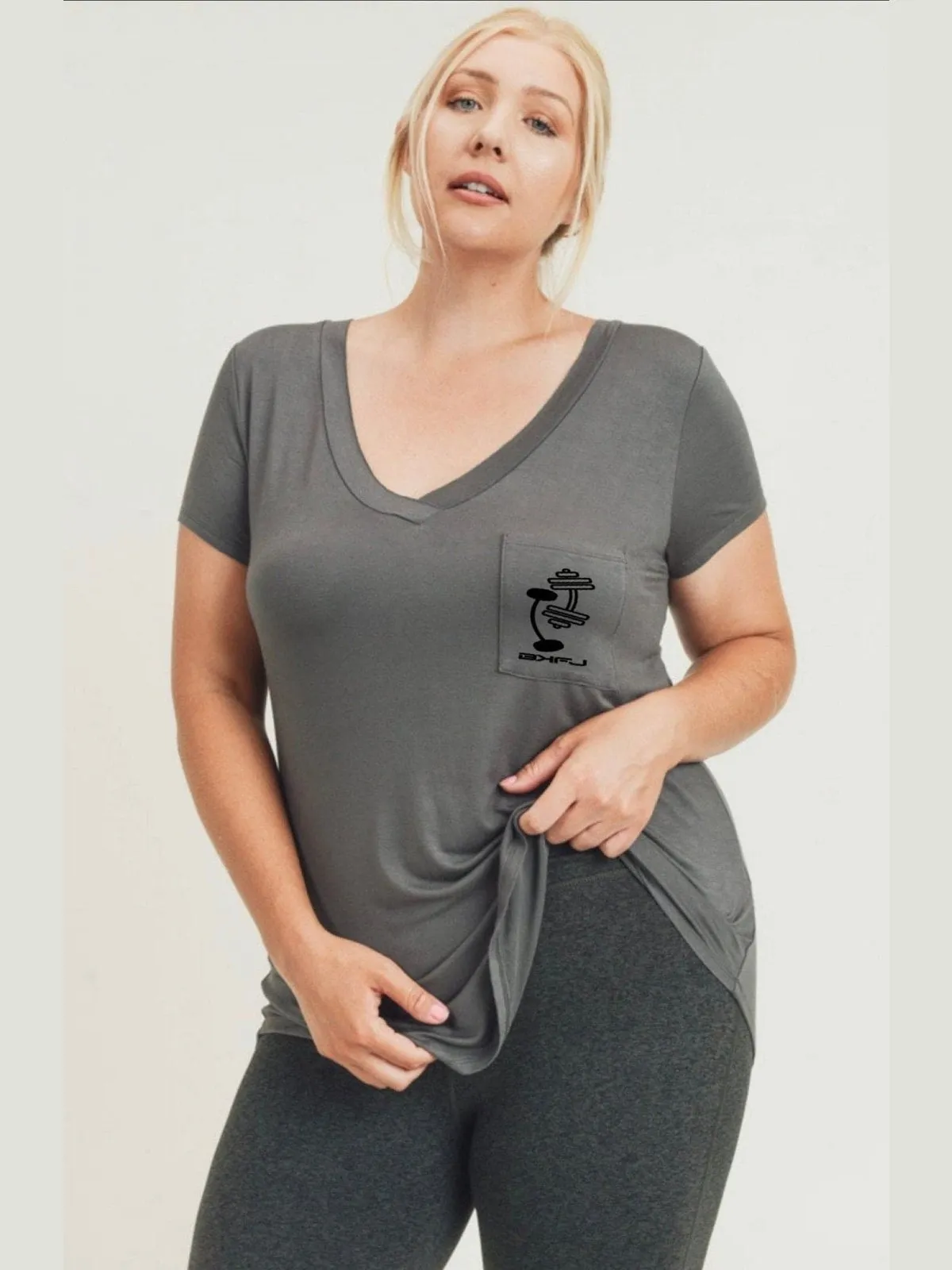 CURVY Longline Deep V-Neck Pocket T-Shirt