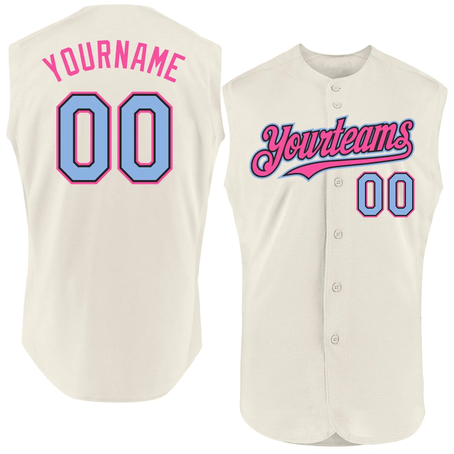 Custom Cream Light Blue Black-Pink Authentic Sleeveless Baseball Jersey