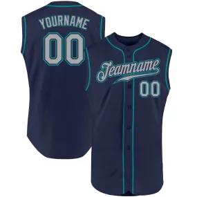 Custom Navy Gray-Teal Authentic Sleeveless Baseball Jersey