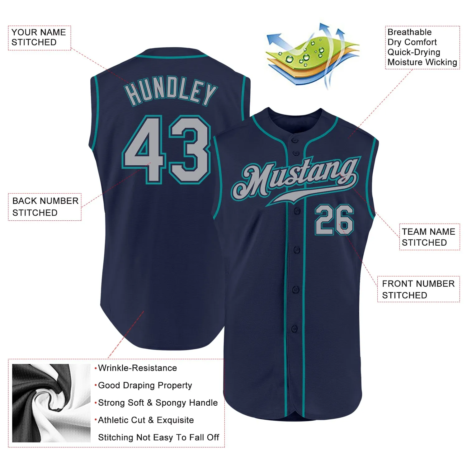 Custom Navy Gray-Teal Authentic Sleeveless Baseball Jersey