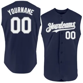 Custom Navy White-Gray Authentic Sleeveless Baseball Jersey