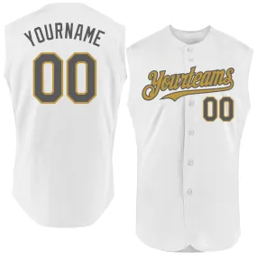 Custom White Steel Gray-Old Gold Authentic Sleeveless Baseball Jersey