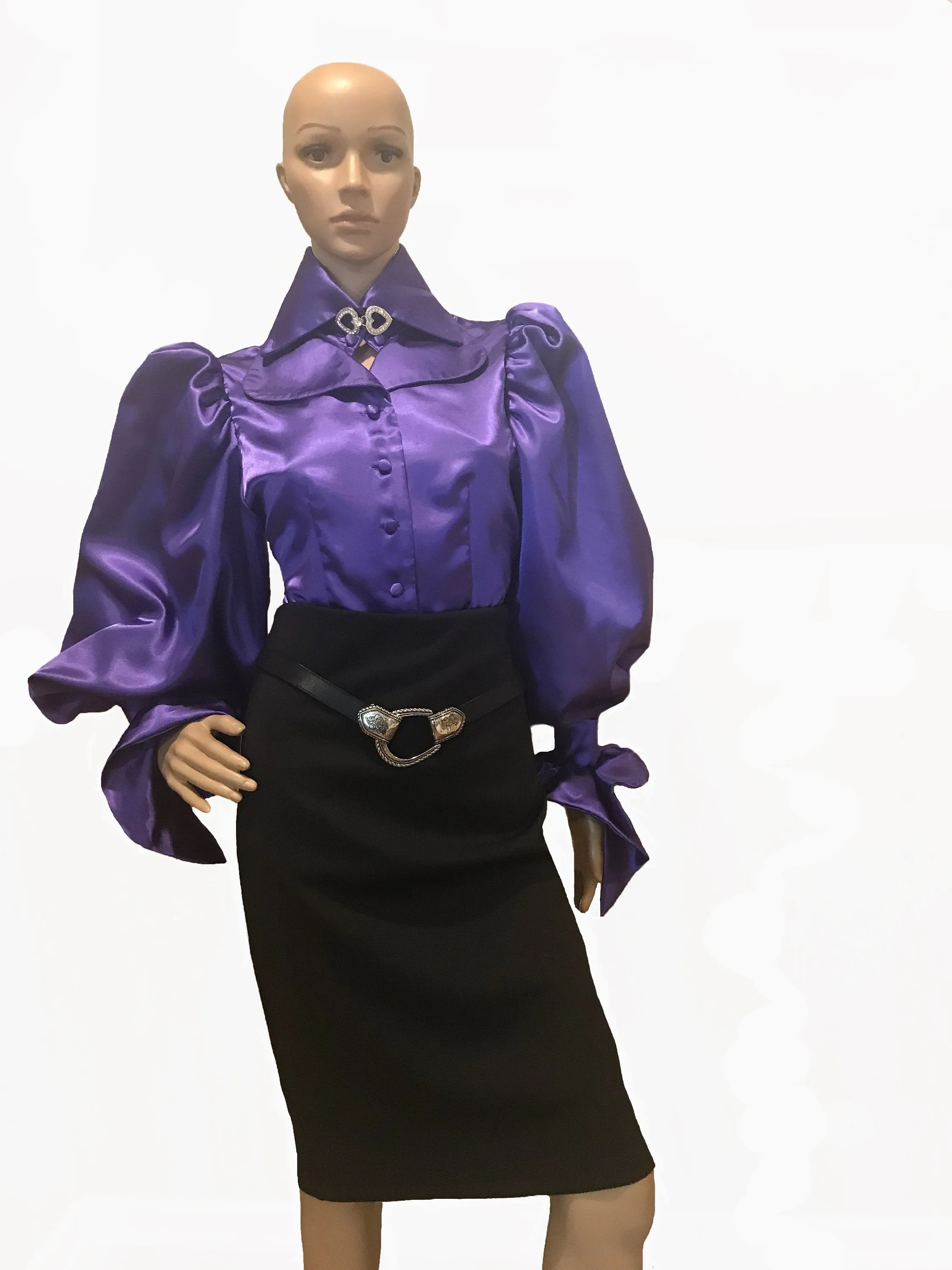 Deep purple puff sleeve satin lapel collar blouse in XS S M L XL 2XL 3XL 4XL