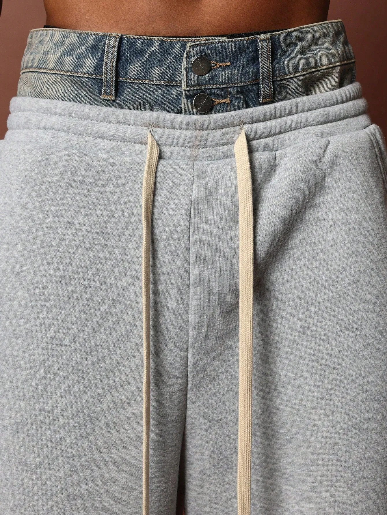 Denim Double Waist Skater Fit Sweatpants With Drawcords