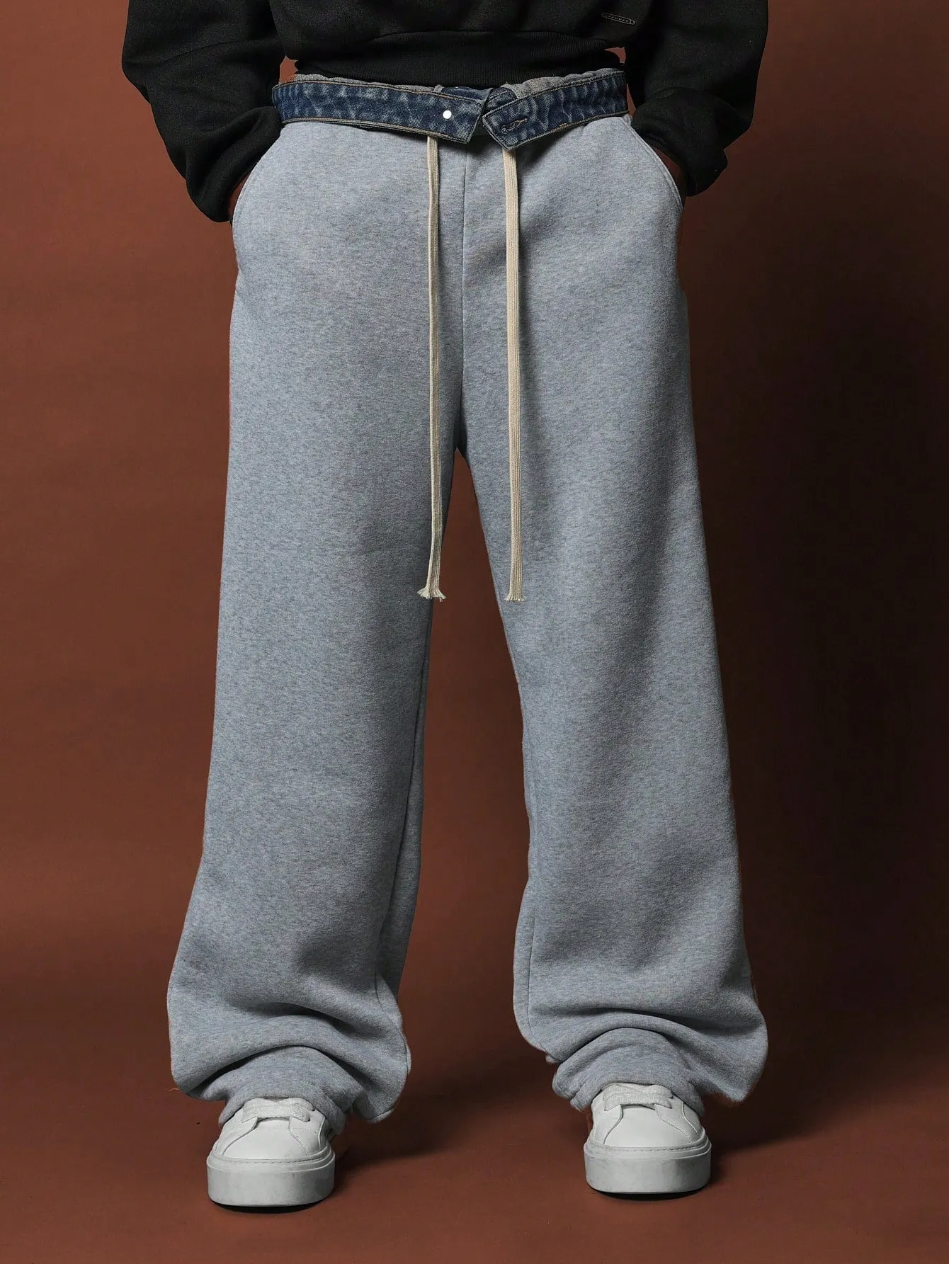 Denim Double Waist Skater Fit Sweatpants With Drawcords