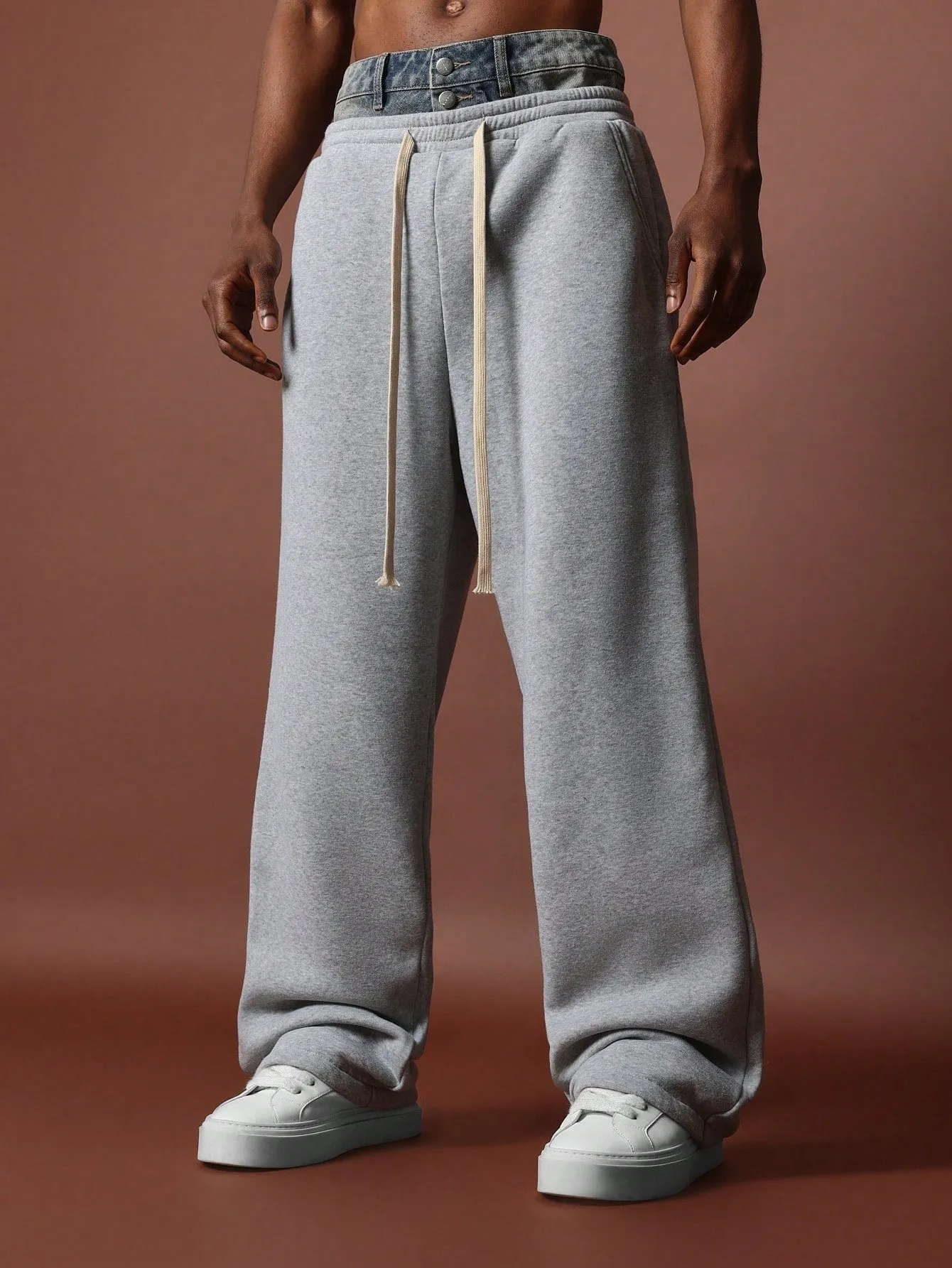 Denim Double Waist Skater Fit Sweatpants With Drawcords