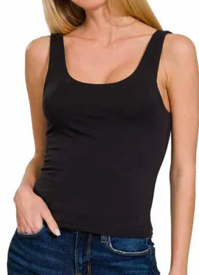 Double Layer Round Neck Tank Top in Black by Zenana