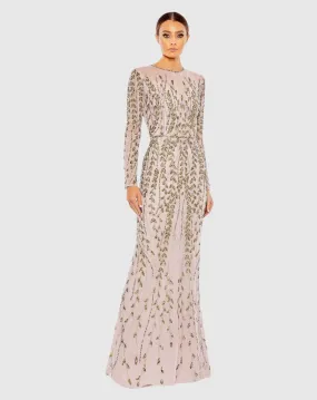 Embellished Illusion High Neck Long Sleeve Gown