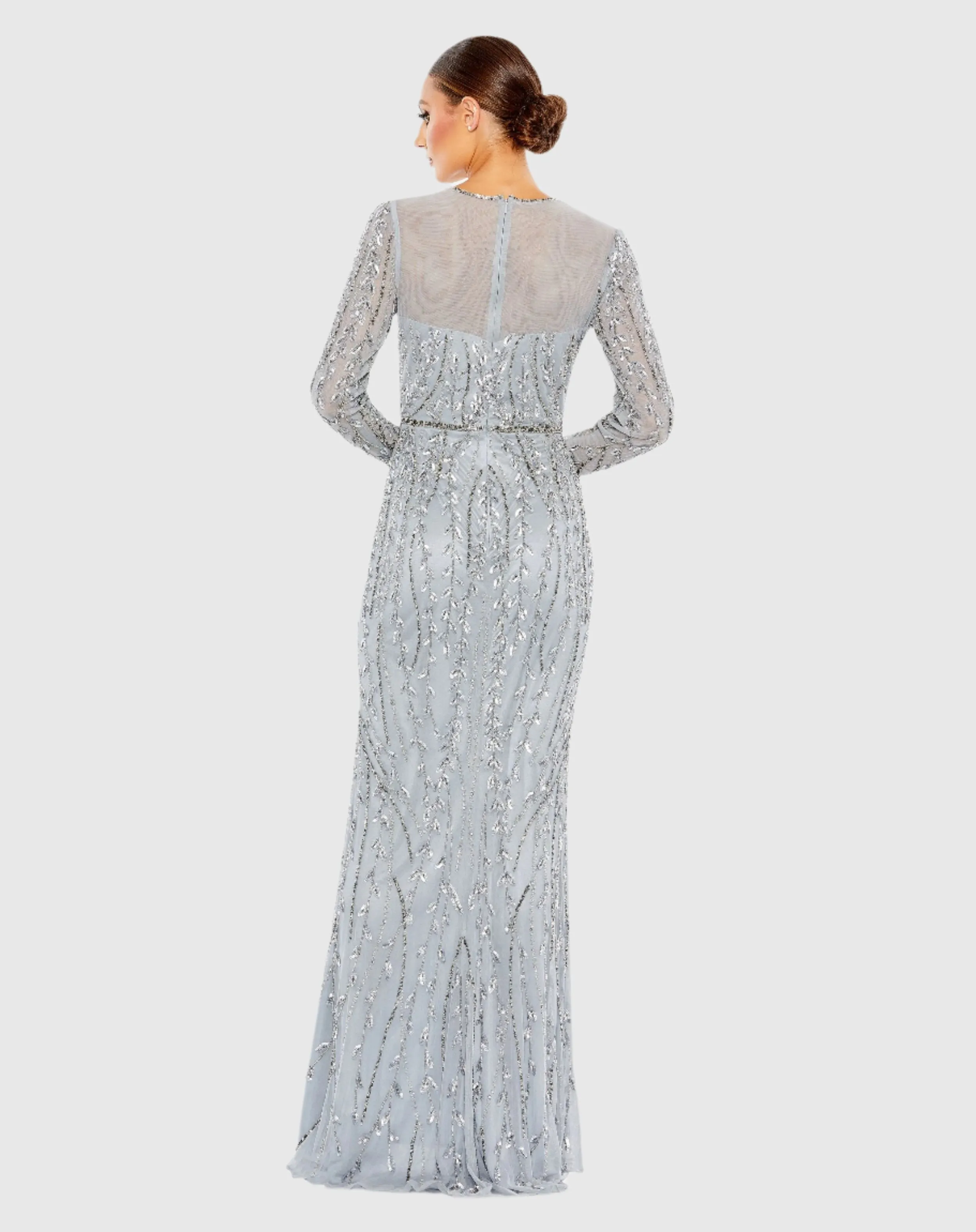 Embellished Illusion High Neck Long Sleeve Gown