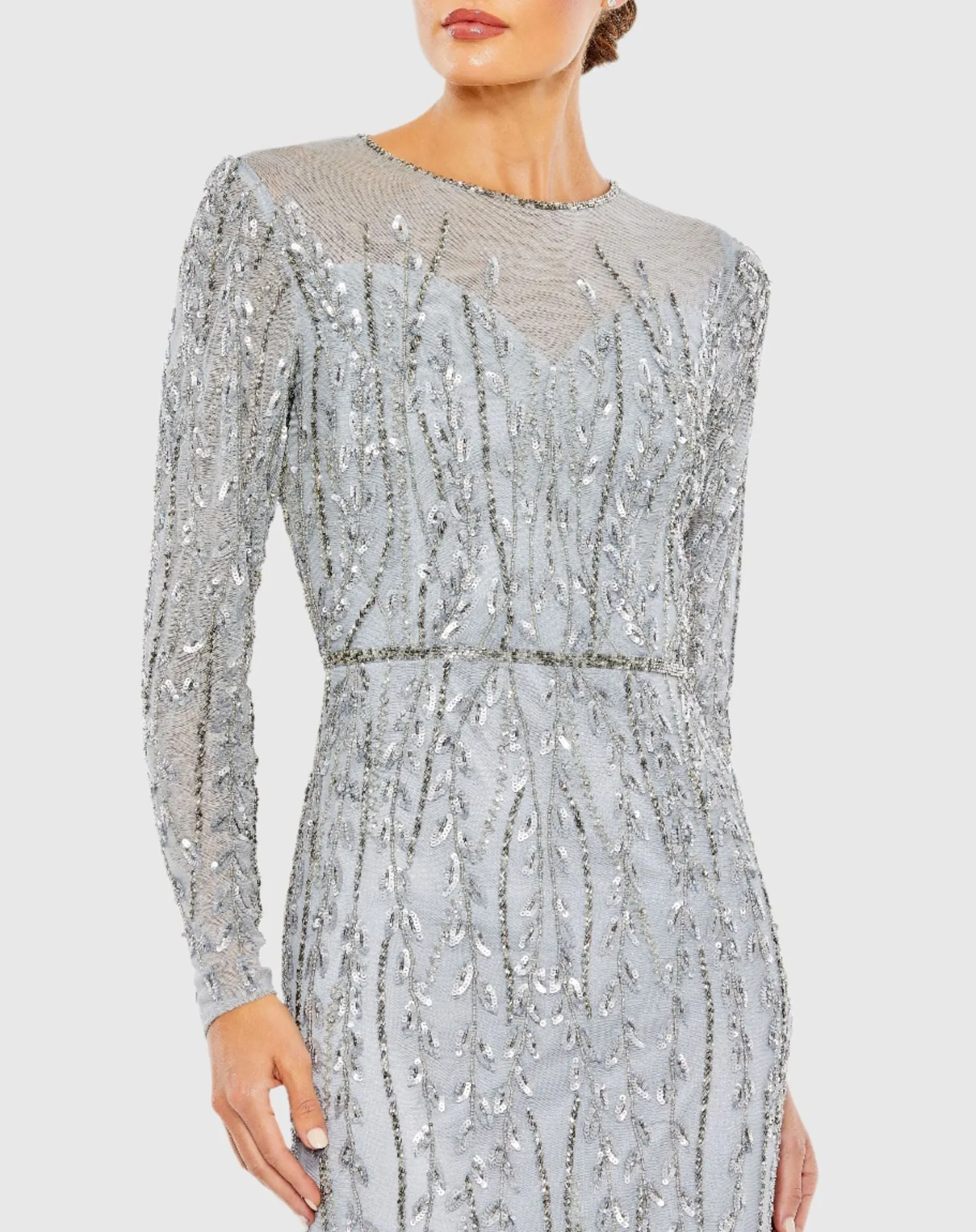 Embellished Illusion High Neck Long Sleeve Gown