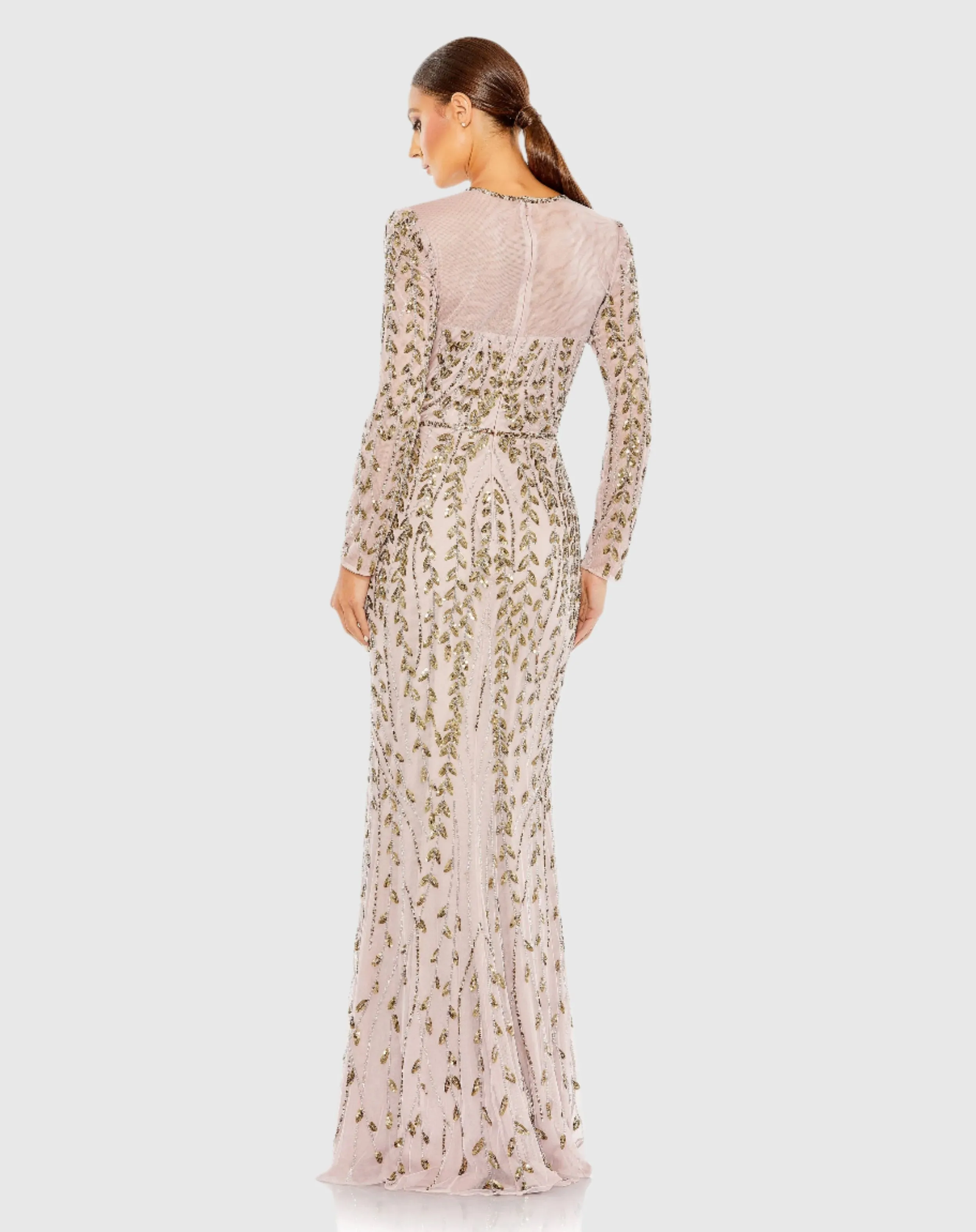 Embellished Illusion High Neck Long Sleeve Gown