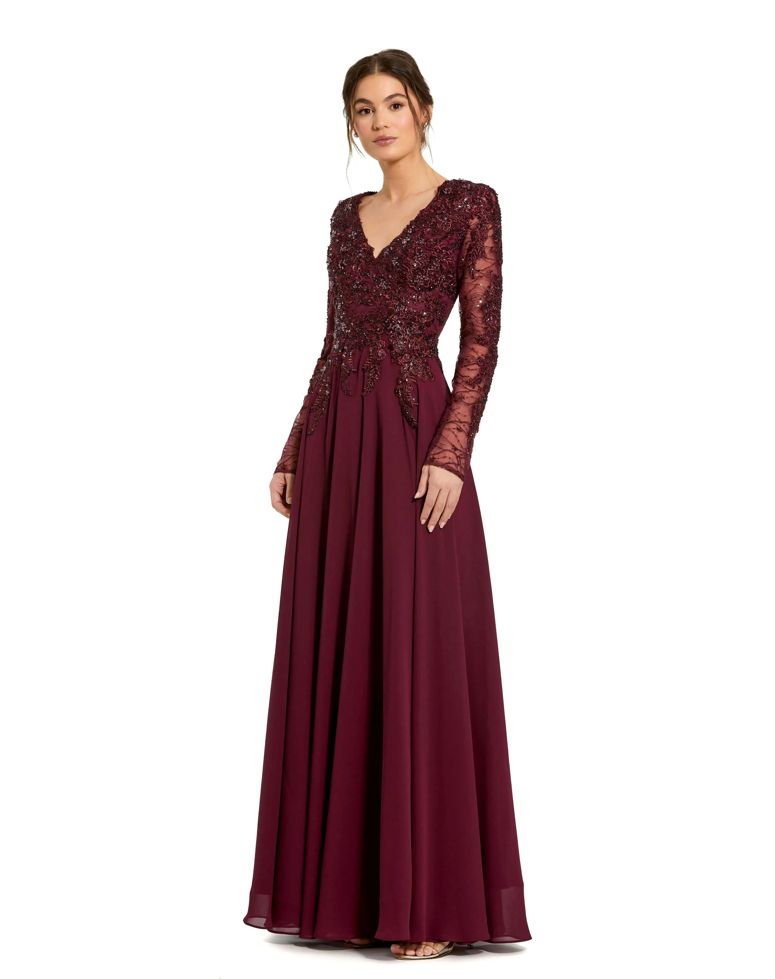 Embellished Illusion V Neck Long Sleeve Gown