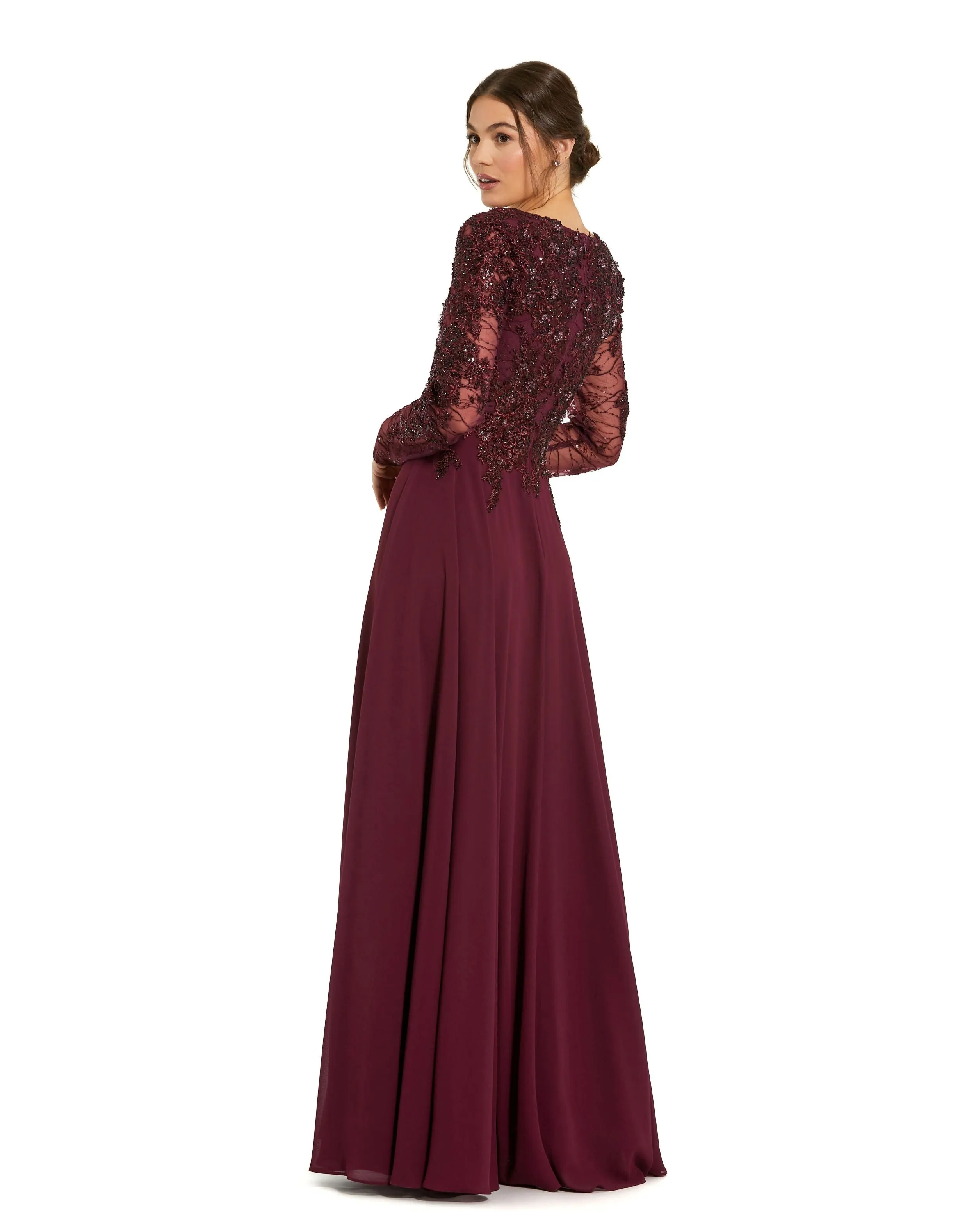 Embellished Illusion V Neck Long Sleeve Gown