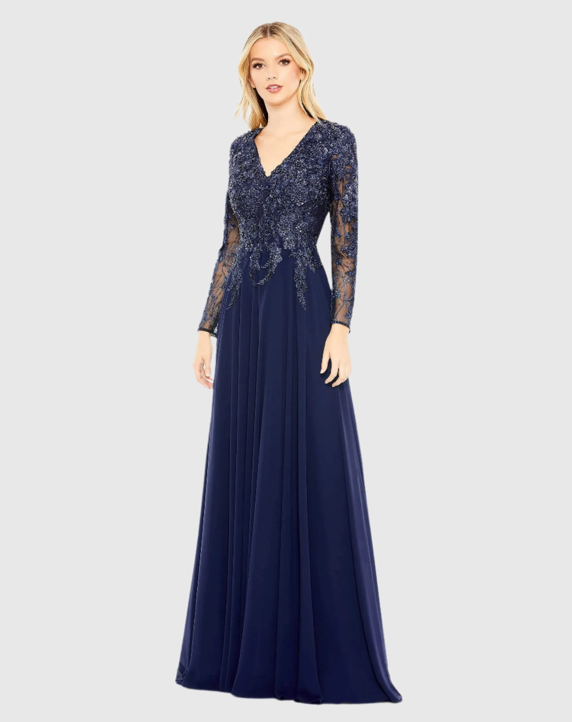 Embellished Illusion V Neck Long Sleeve Gown