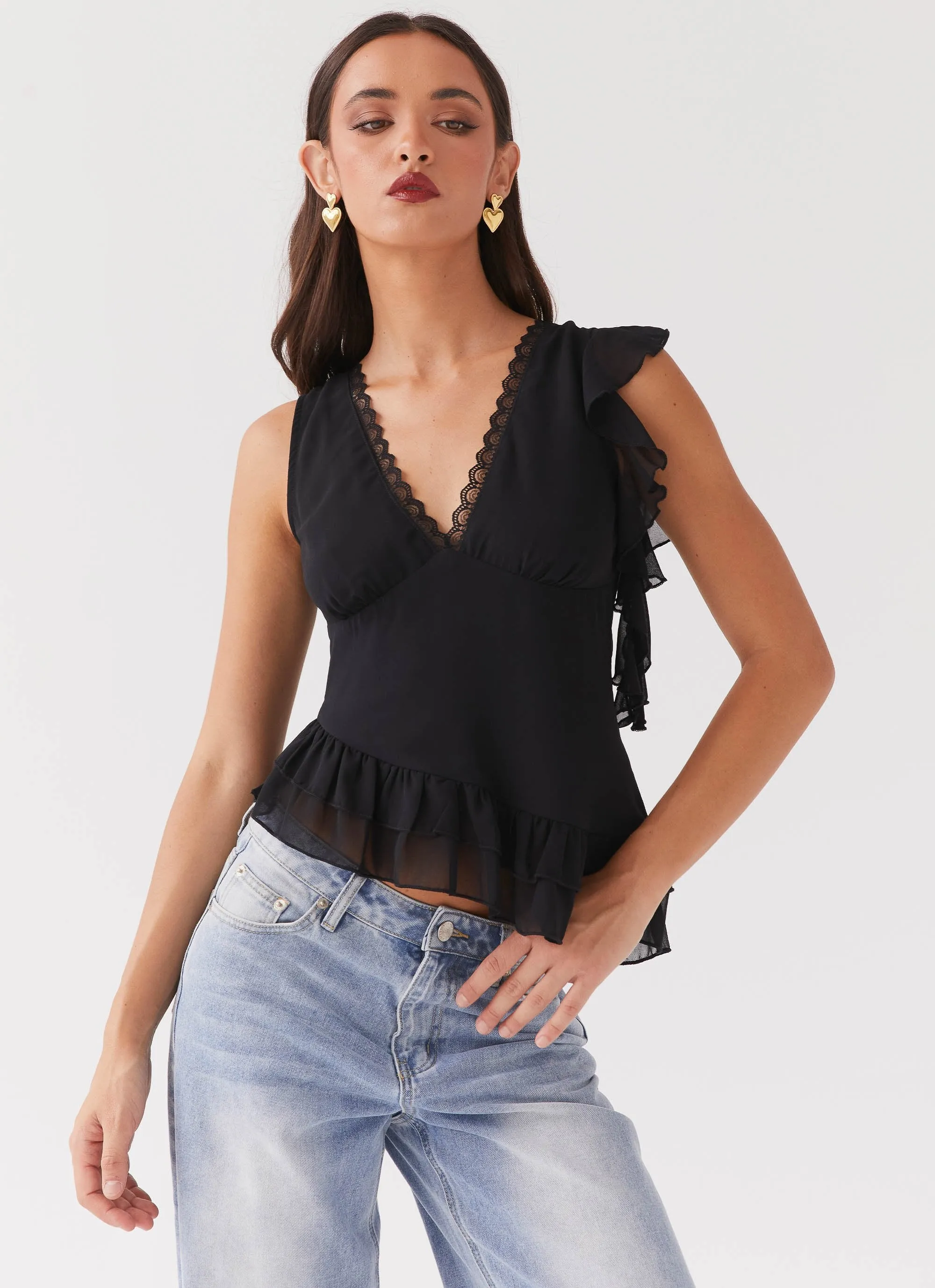 Empress Frill Trim Top - Black