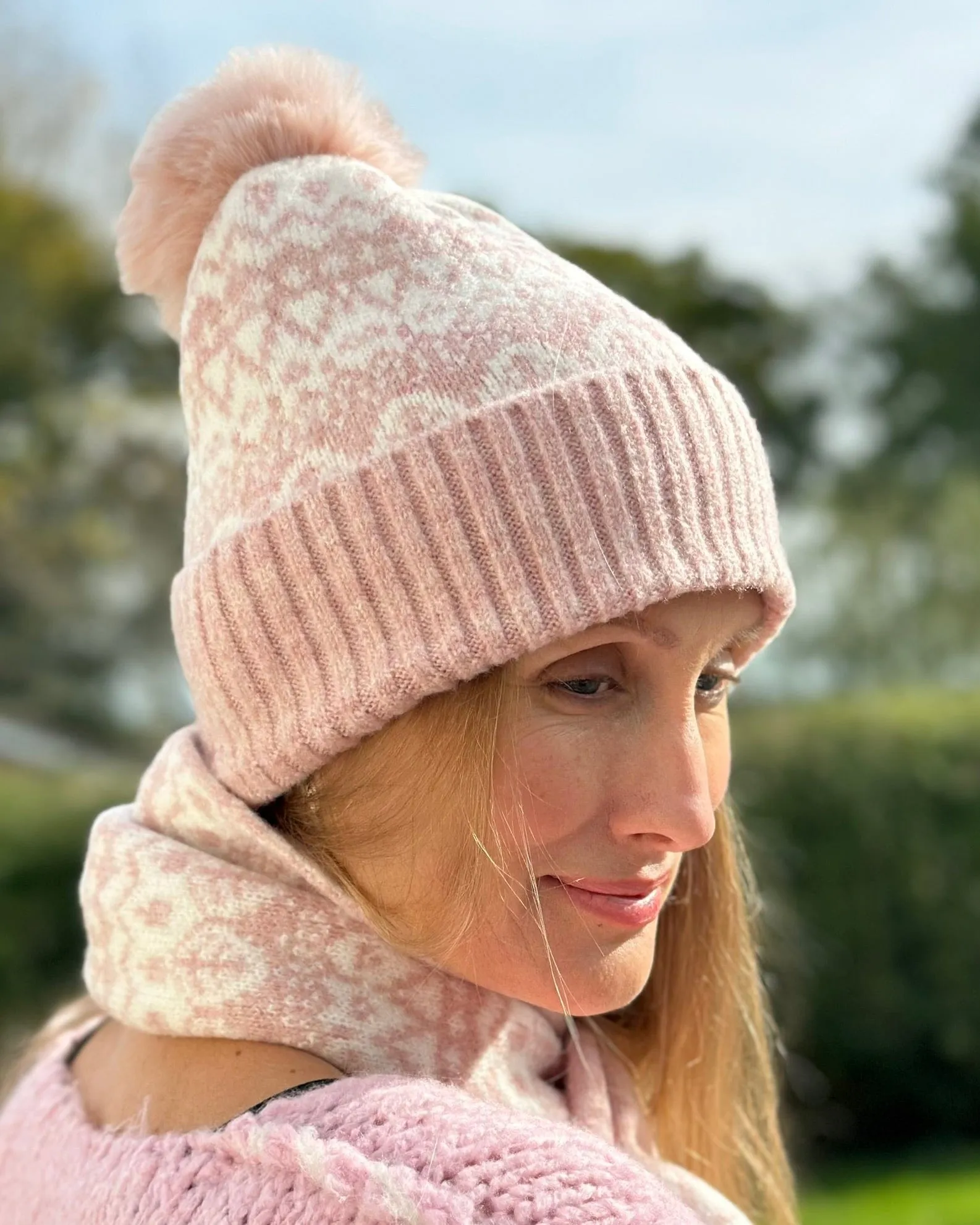 Fairisle Soft Pom Pom Hat - Pale Pink