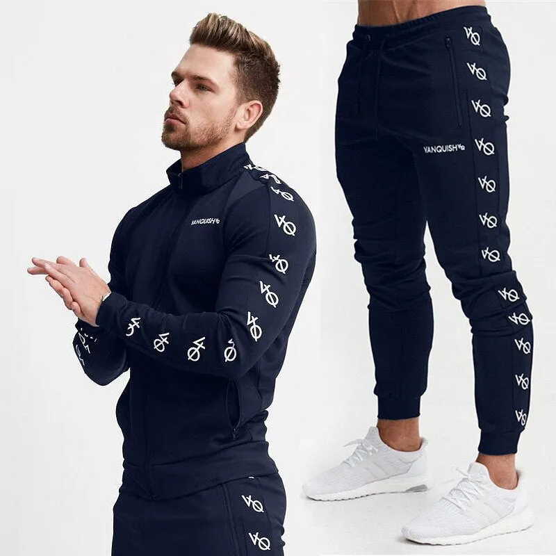 Fashion men's suit casual streetwear men's clothing cotton zipper pocket zipper jacket fitness tie men's trousers sportswear