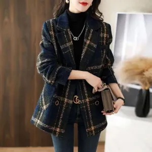 Fashion Plaid Casual Slim Double Breasted Woolen Coat