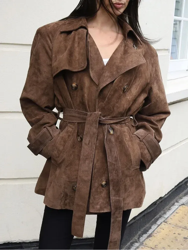 Fashionkova Autumn Fashion Lace Up Lapel Collar Suede Jacket Women Retro Double Breasted Long Sleeve Coat Lady Vintage Chic 2024 Windbreaker