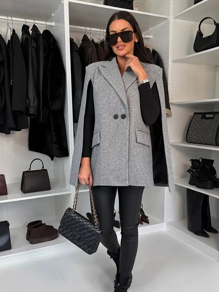 Fashionkova Christmas Gift Outfit  Unique Solid Color Lapel Shoulder Pad Suit Cloak Jacket Chic Long Sleeve Buttons Coat 2024 New Fall Woman High Street Outerwear