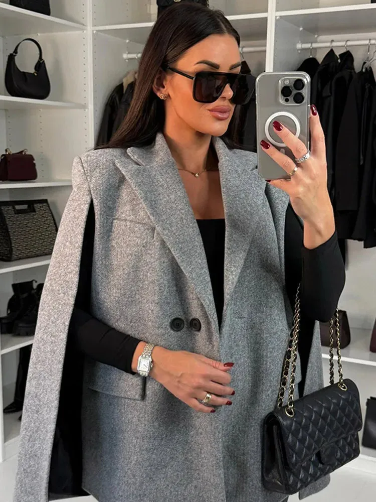 Fashionkova Christmas Gift Outfit  Unique Solid Color Lapel Shoulder Pad Suit Cloak Jacket Chic Long Sleeve Buttons Coat 2024 New Fall Woman High Street Outerwear