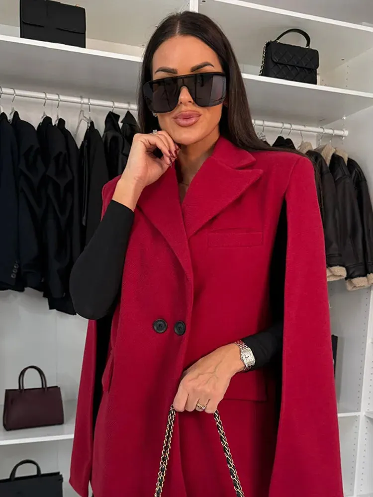 Fashionkova Christmas Gift Outfit  Unique Solid Color Lapel Shoulder Pad Suit Cloak Jacket Chic Long Sleeve Buttons Coat 2024 New Fall Woman High Street Outerwear